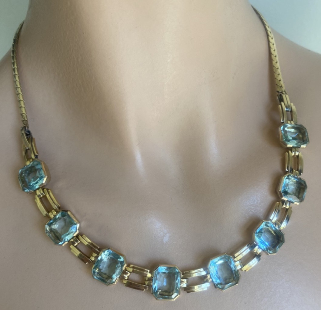 Antique Necklass 1/20 10k Gold Filled With 8 Crystal Aquamarine Blue Stones Antique Necklass 1/20 10k Gold Filled With 8 Crystal Aquamarine Blue Stones