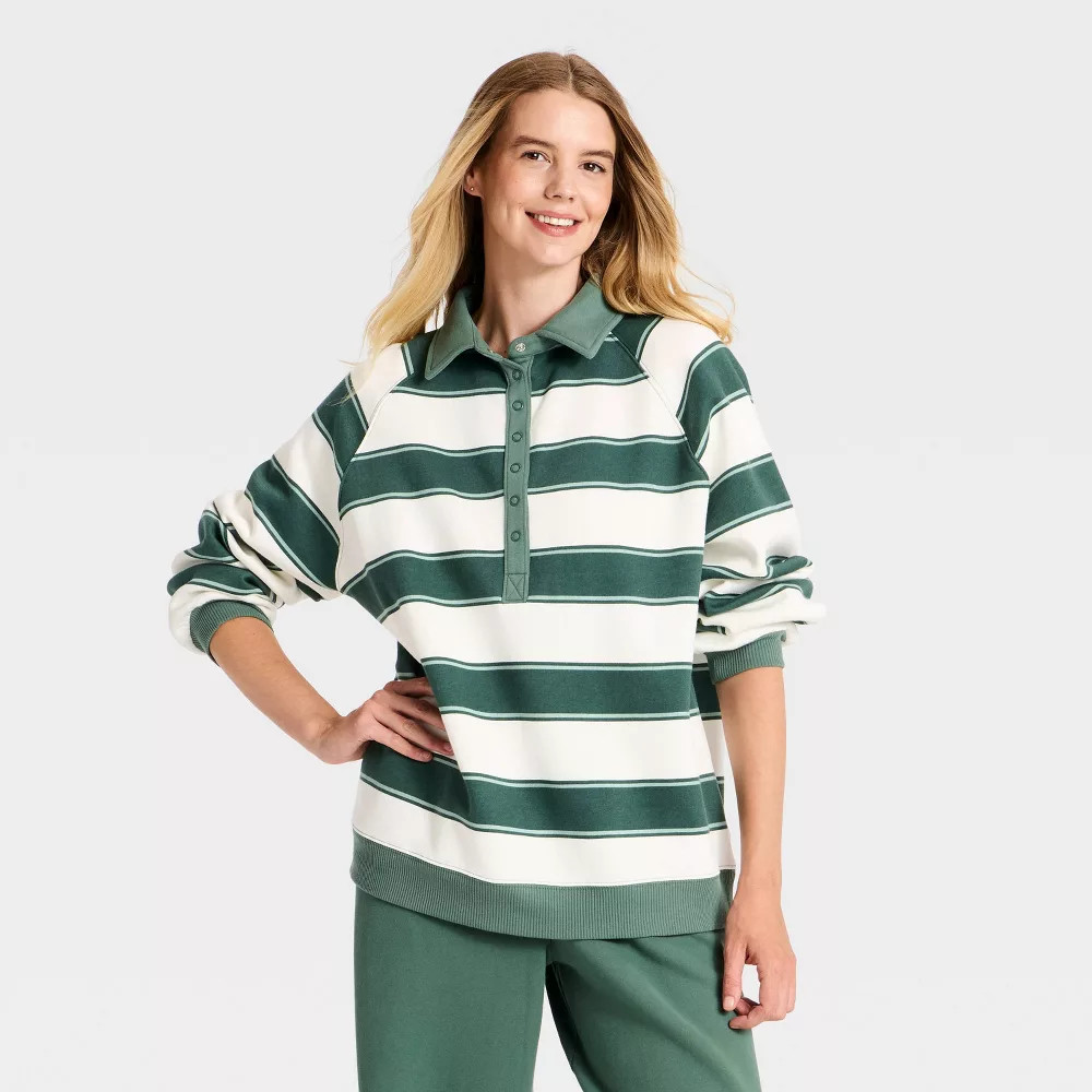 Women\'s Active Comfort Henley Sweatshirt - All In Motion Dark Green Striped S