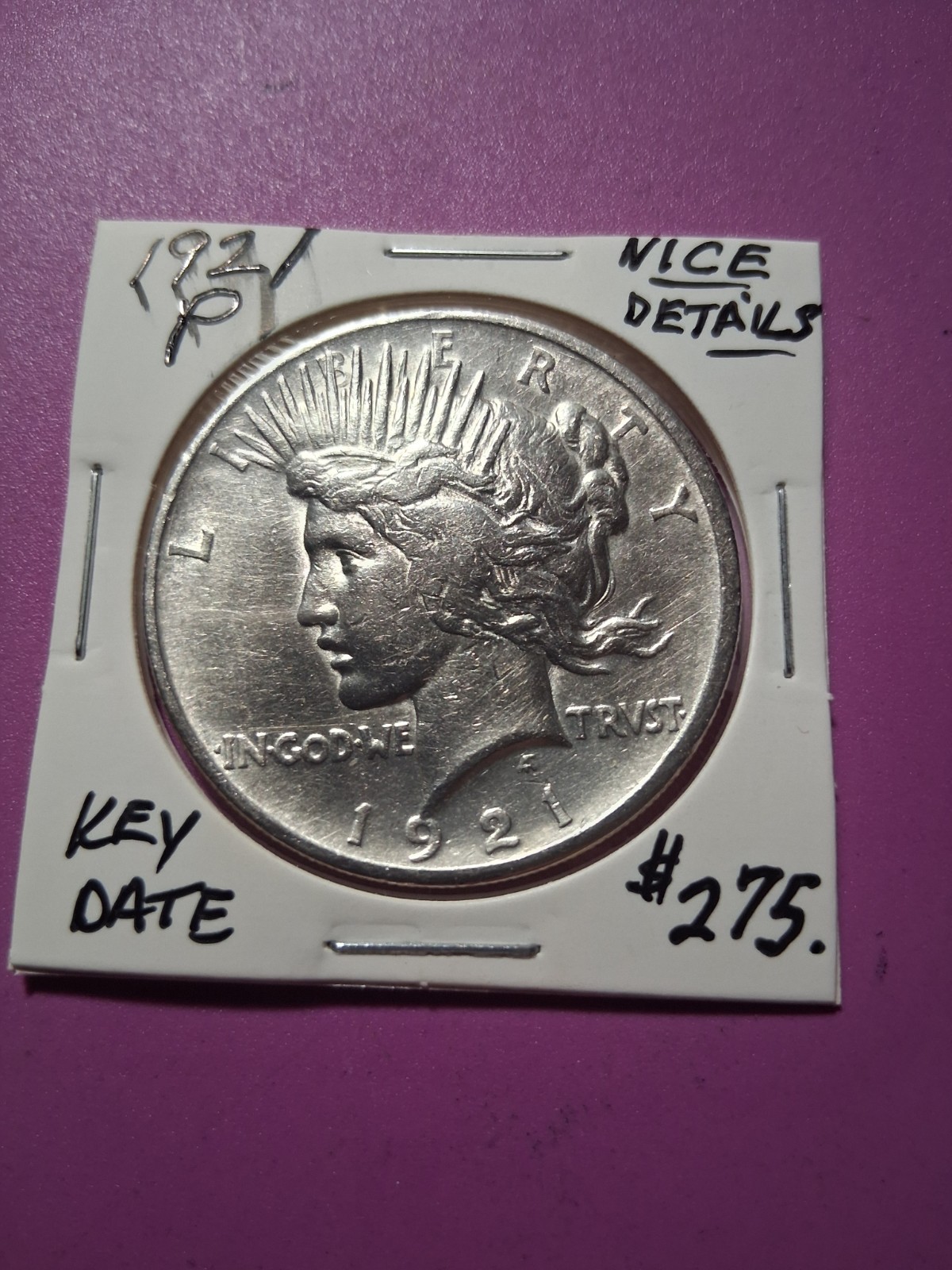 1921 PEACE DOLLAR. NICE ALBUM COIN. KEY DATE.