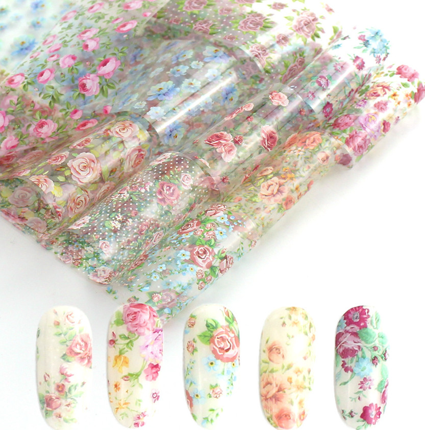10Pcs Nail Art Foil Stickers Flower Pattern Transfer Decals Decoration Tips NS46