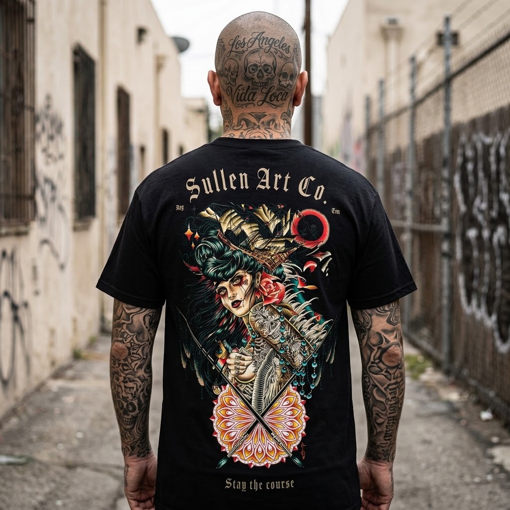 Neo-Traditional Tattoo Style Sullen Art Black T-Shirt Chicano Men, S-5XL