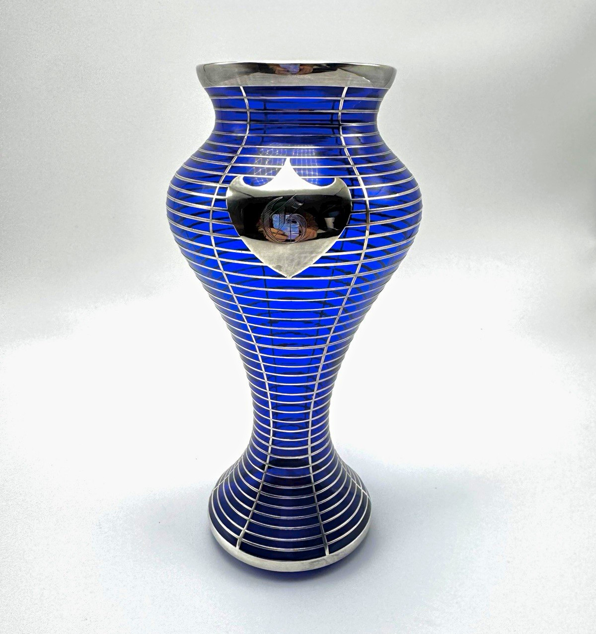 Antique La Pierre Cobalt Sterling Silver Overlay Striped Banding Art Nouveau 8”