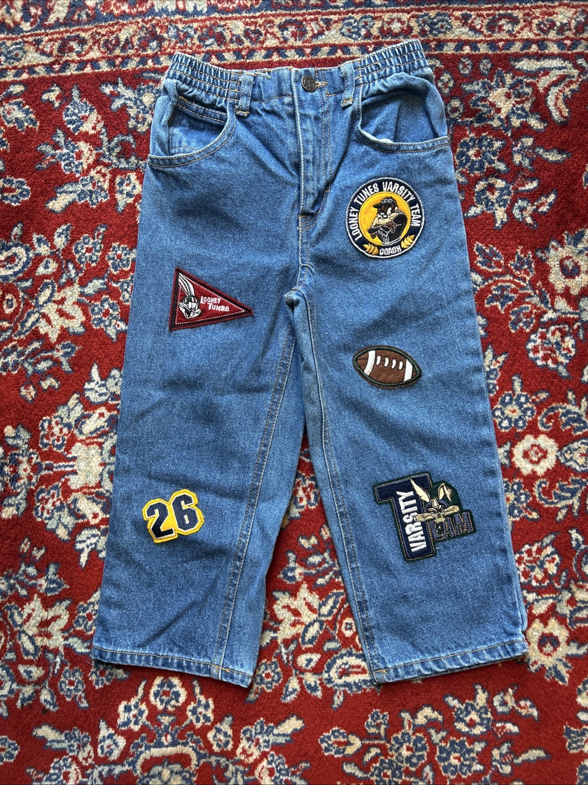 VTG 97 Looney Tunes Taz Bugs Wile E Football Patches Youth Sz 4 Jeans Baggy Rare VTG 97 Looney Tunes Taz Bugs Wile E Football Patches Youth Sz 4 Jeans Baggy Rare