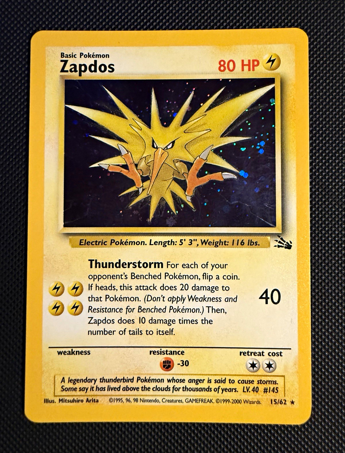 Wizards of the Coast Pokemon TCG Zapdos 15/62 Fossil Holo Rare 80 HP 1999