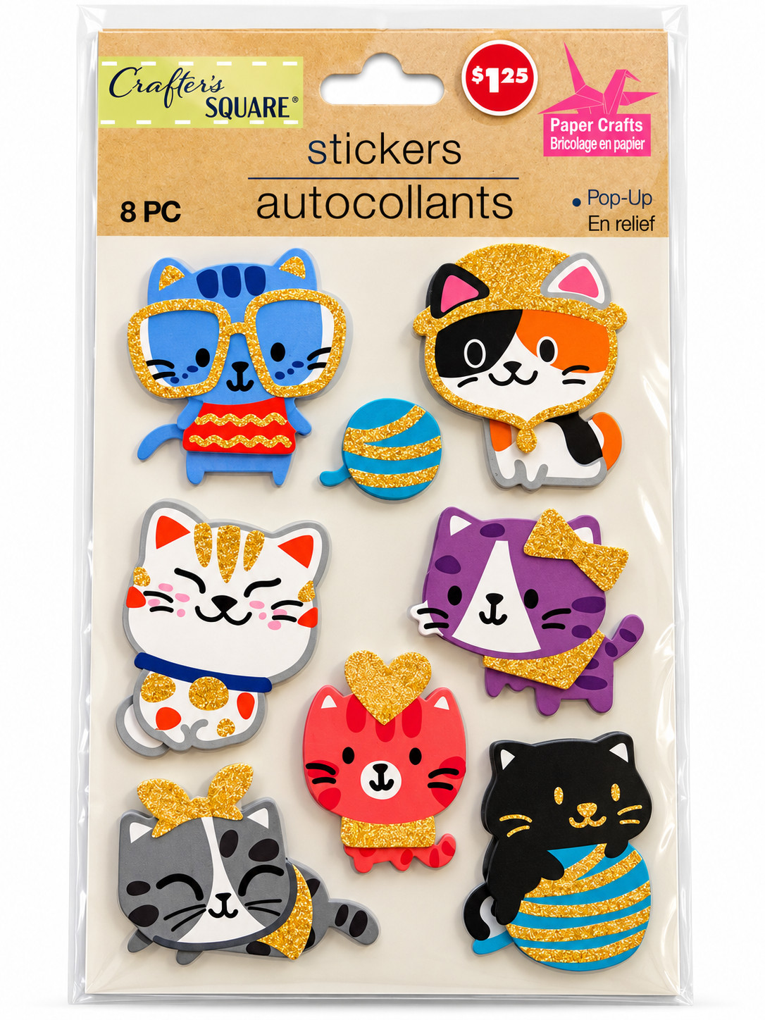 Crafter’s Square Cat Pop-Up Stickers 8 Pc 3D Glitter Cats Scrapbook Crafts