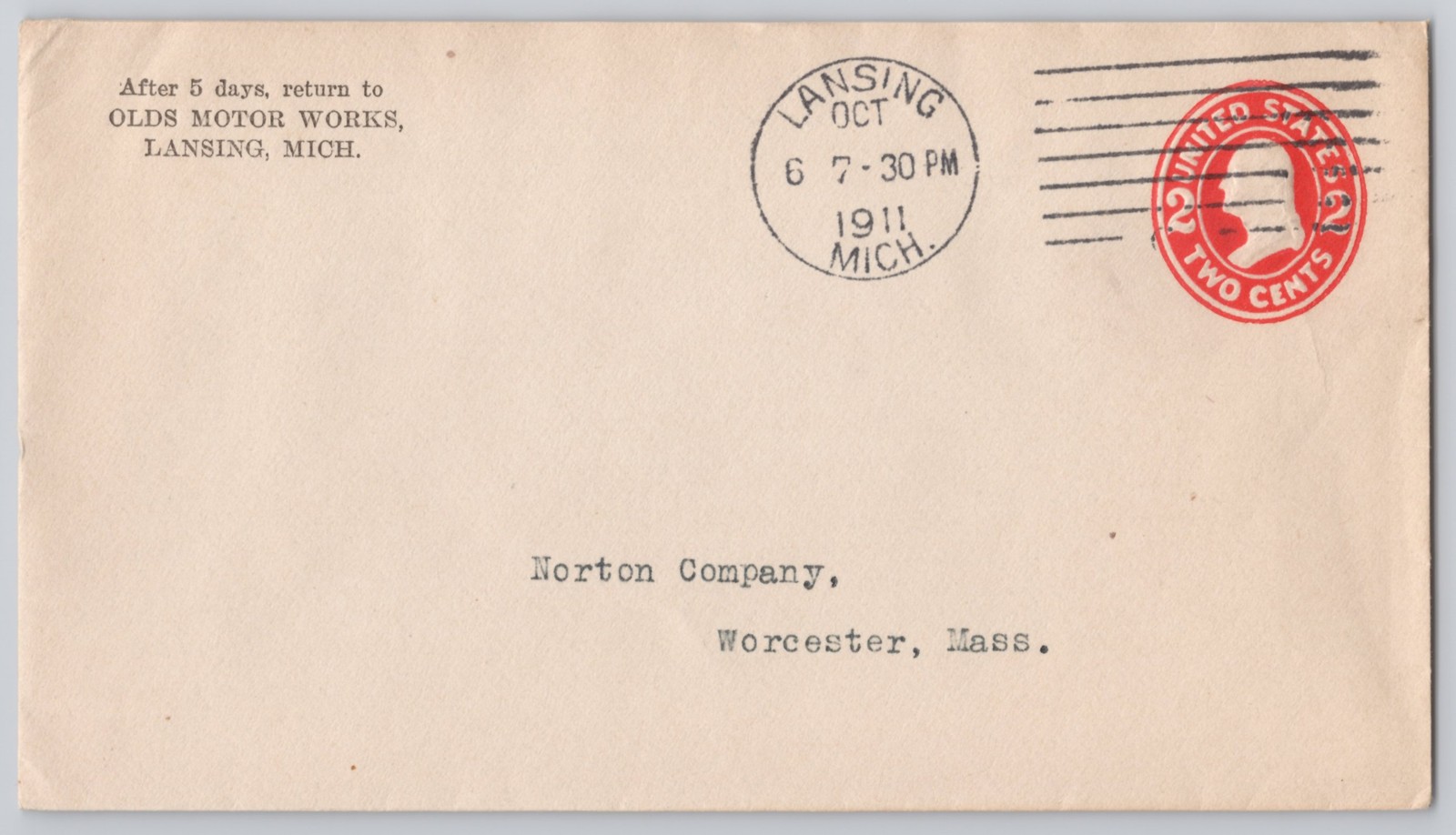Lansing, Mich — Olds Motor Works return envelope 2¢ indicia, — 1911