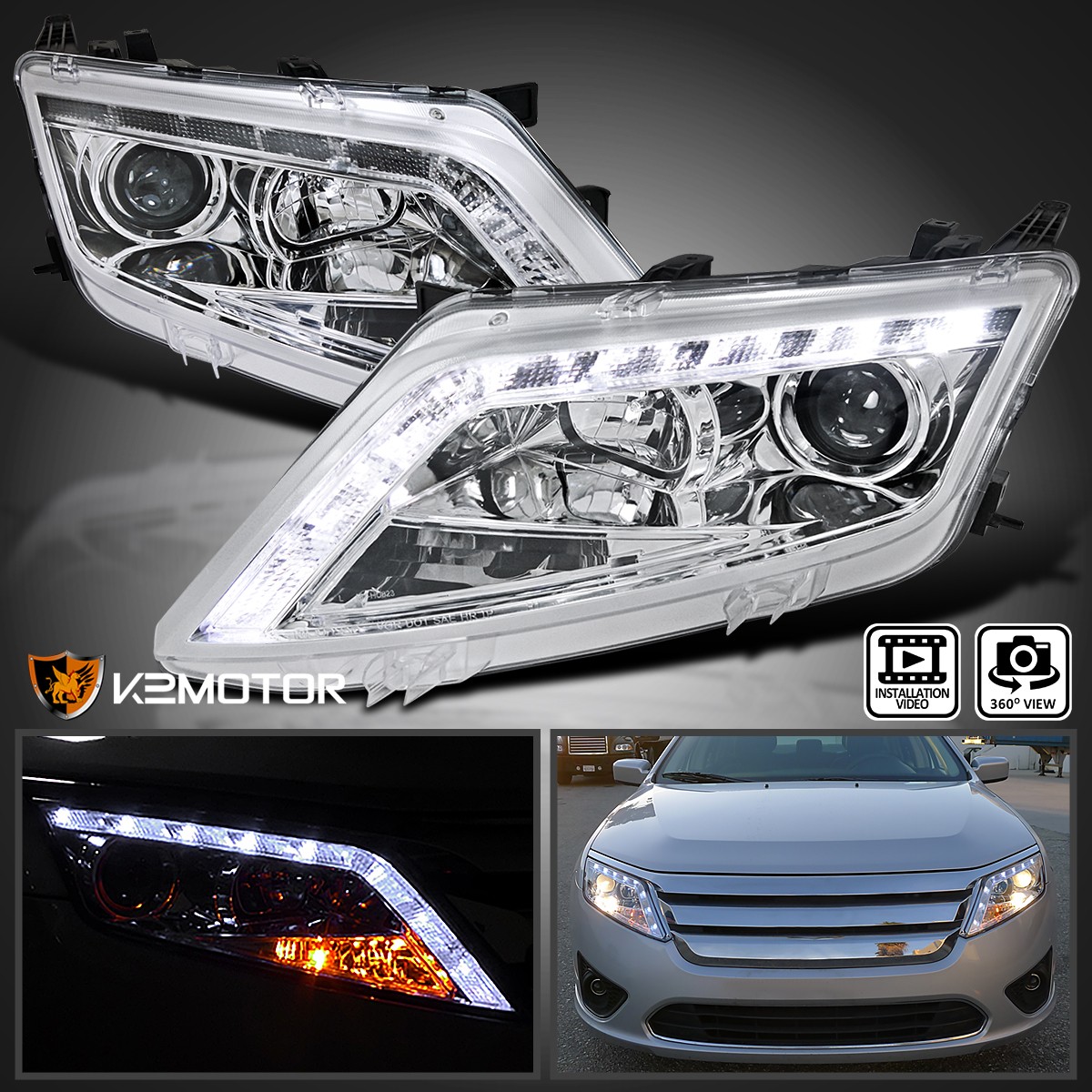 Fits 2010-2012 Ford Fusion LED Strip Projector Headlight Head Lamps Left+Right Fits 2010-2012 Ford Fusion LED Strip Projector Headlight Head Lamps Left+Right