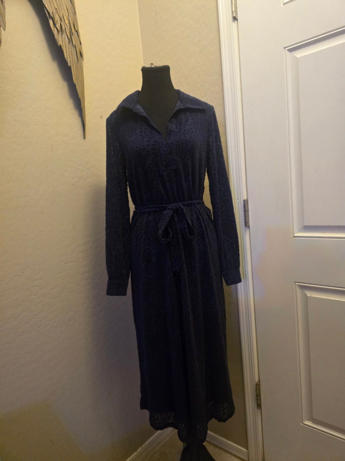 Les Serein Navy Blue Long Sleeve Collared Maxi Dress with Belt