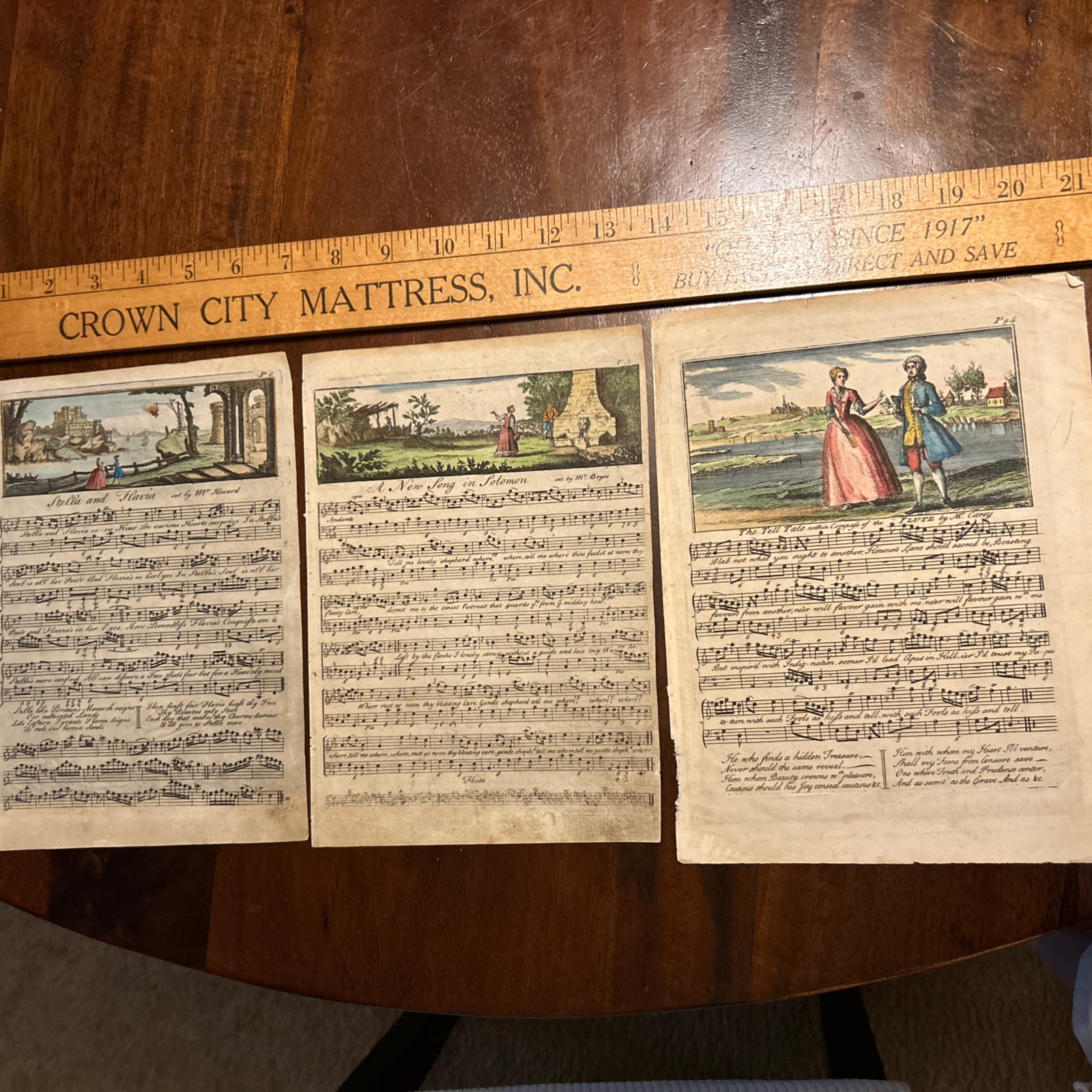 Antique 18thC Hand-Colored Engraved Sheet Music Leaves - Boyce Howard Lowe