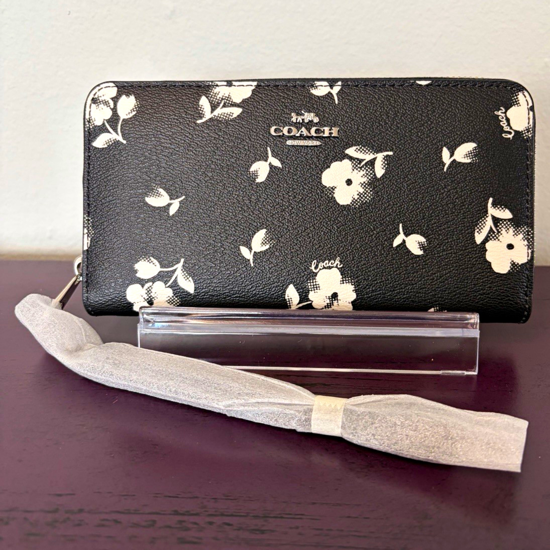 Coach Black/White Floral  Long Zip-Around Wallet for Women