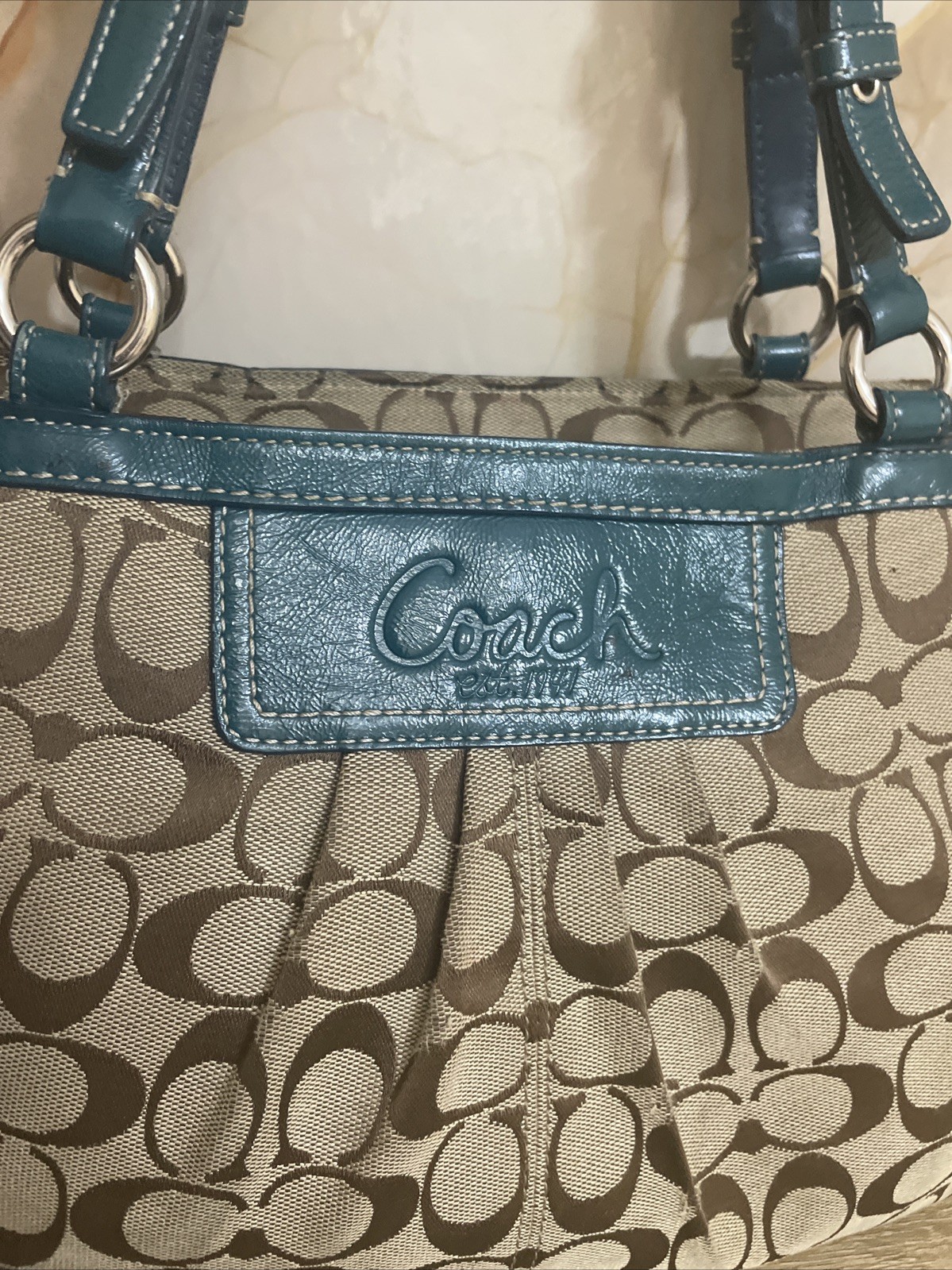 Y2K Vintage Coach Green Pleated East West Gallery Tote Bag Rare F14281 Y2K Vintage Coach Green Pleated East West Gallery Tote Bag Rare F14281