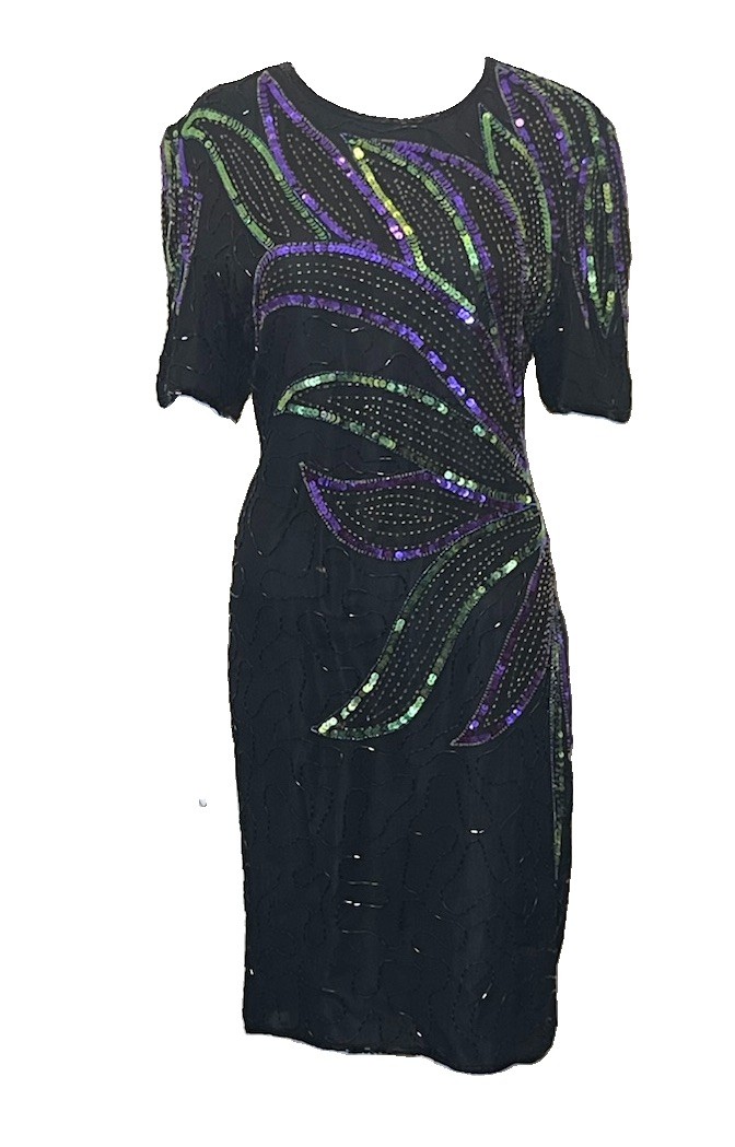 Vintage JMD Size L US 8 Silk Black w Purple & Green Beaded Open Back Glam Dress