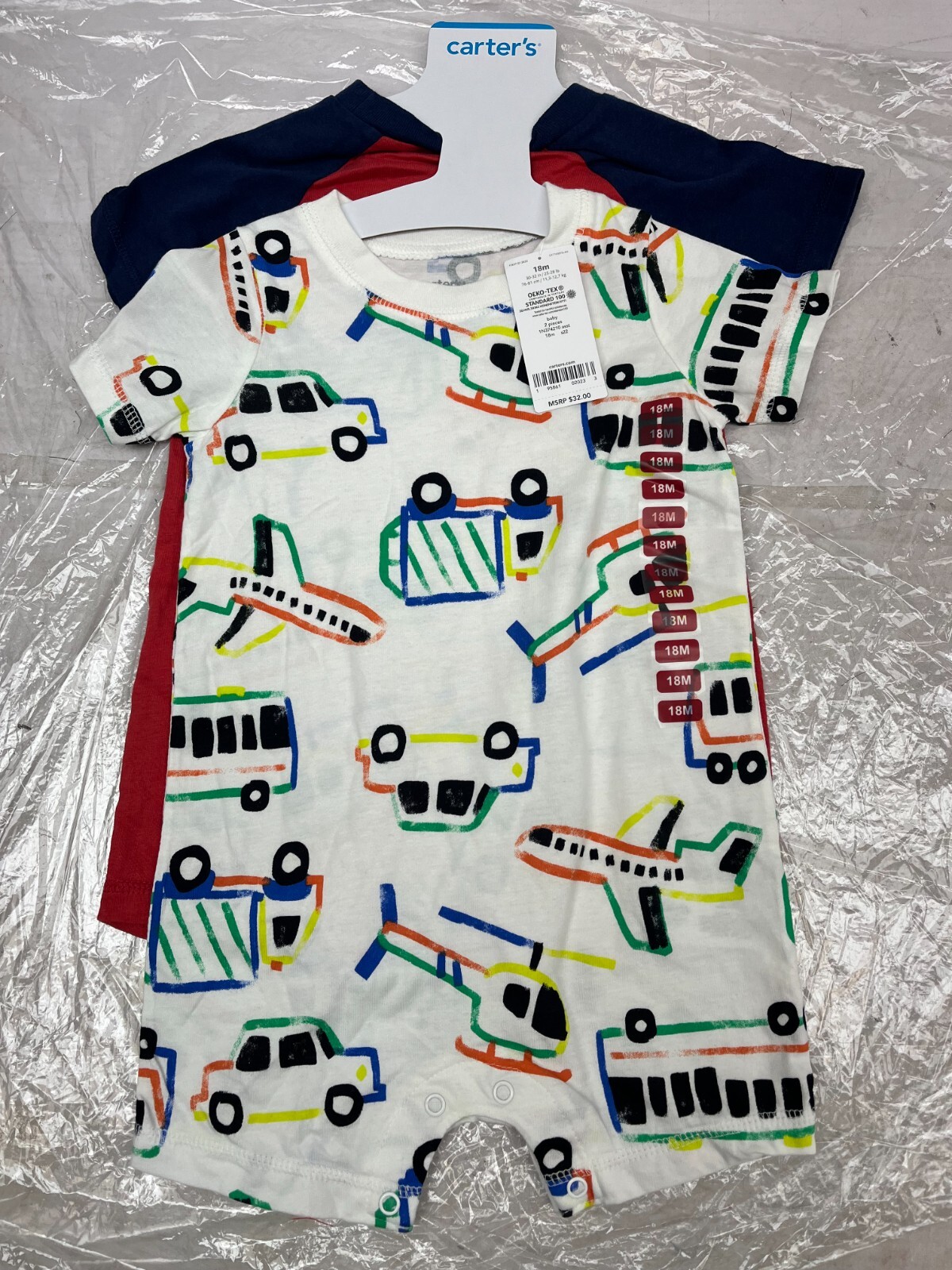 New Carters Baby Boys 18 Months Snap On Romper White W/ Vehicles Red 2 Pack AM33