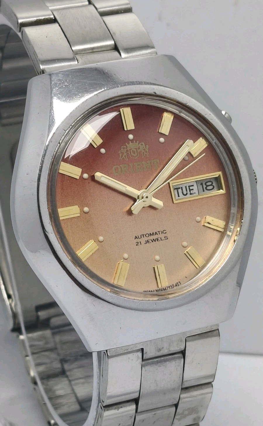 Vintage Orient Crystal 21 Jewels Automatic  Watch | Silver Case Orang Dial Retro