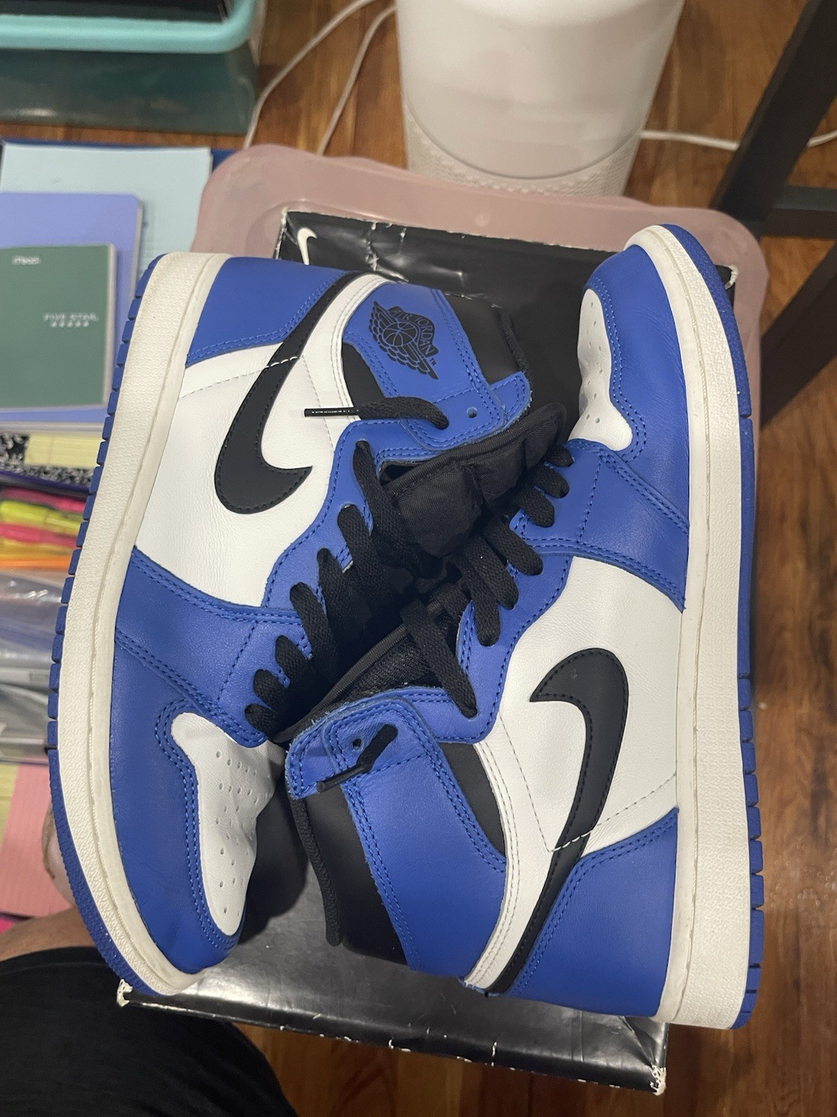 Nike Air Jordan 1 High Top Leather Colorblock Sneakers Blue White Black Nike Air Jordan 1 High Top Leather Colorblock Sneakers Blue White Black