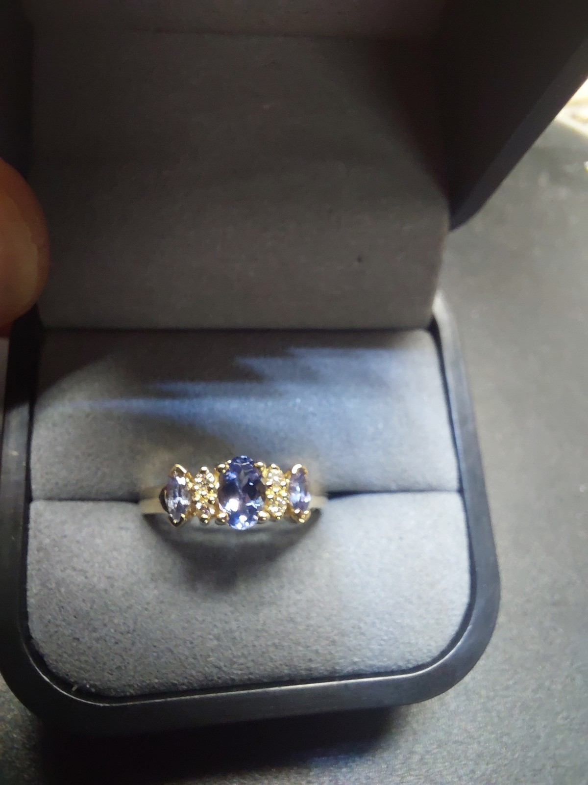 Vtg. EFFY BH 14K Y.G. 3 Stone Tanzanite & Diamond Ring - 0.61 CTW +/- Size 5