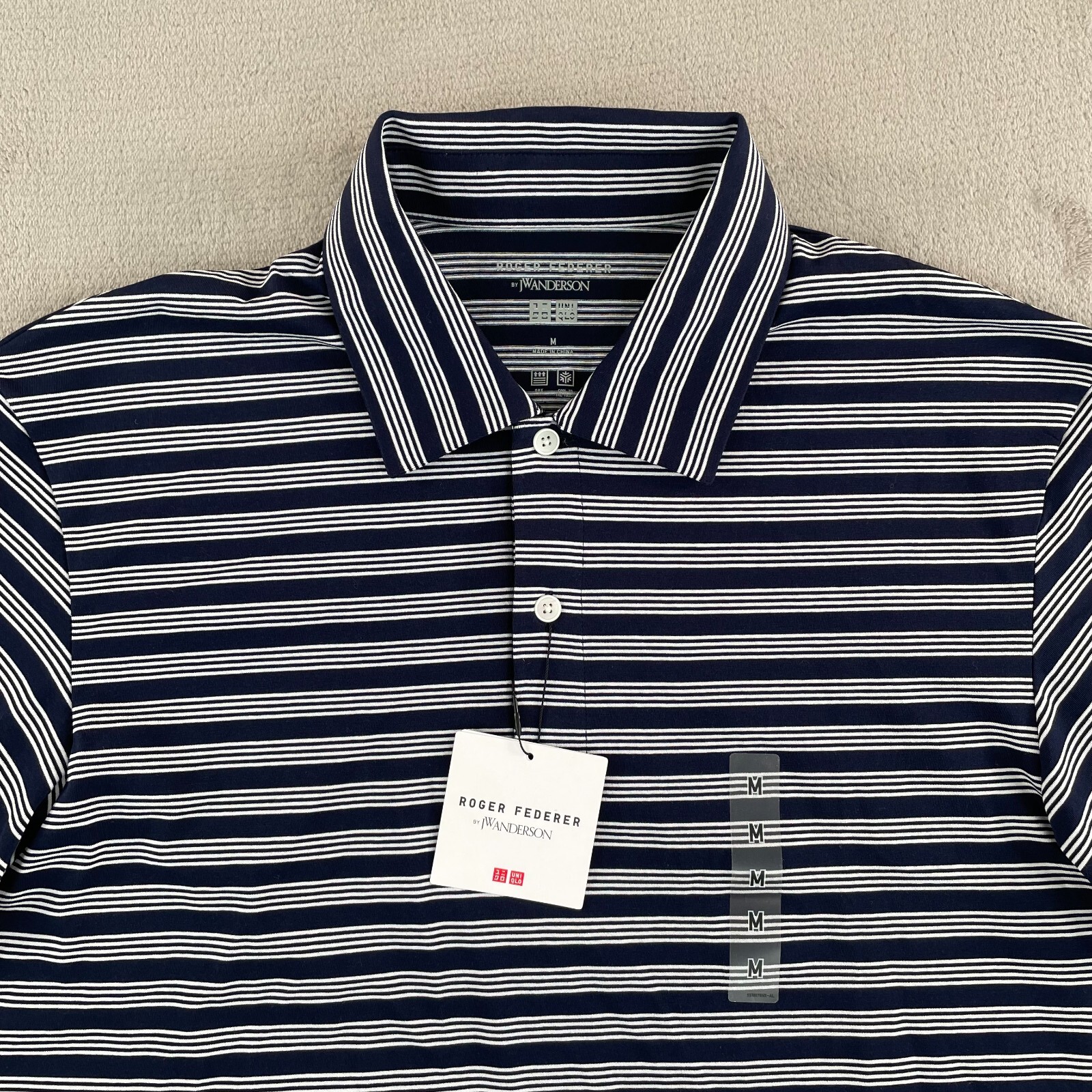 Uniqlo Roger Federer By JW Anderson AIRism Polo Shirt Men Med Blue Striped NWT