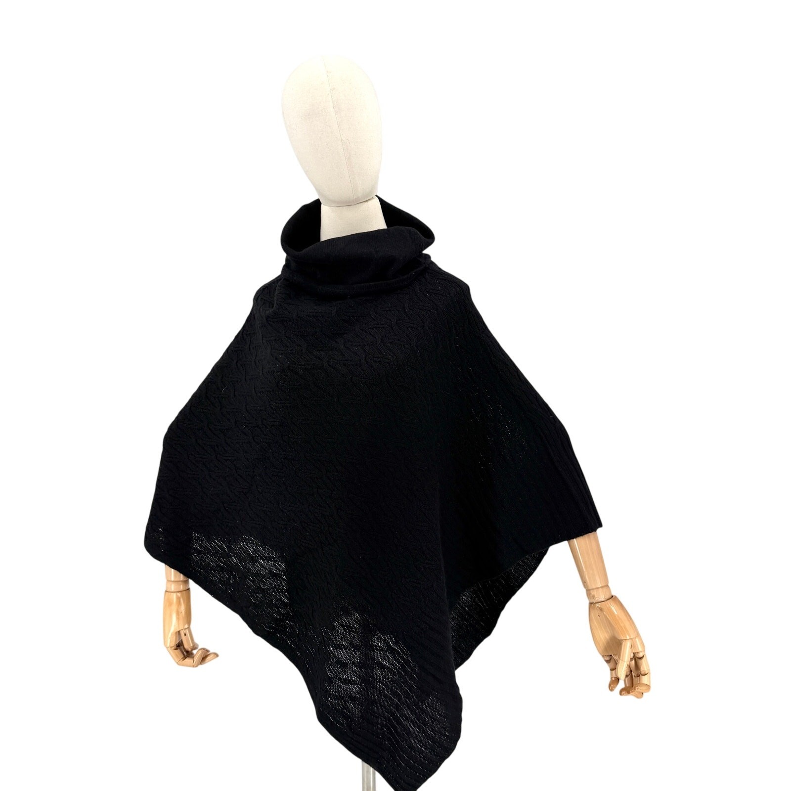 Celeste Wool Cashmere Black Cowl Neck Cable Knit Poncho Sweater