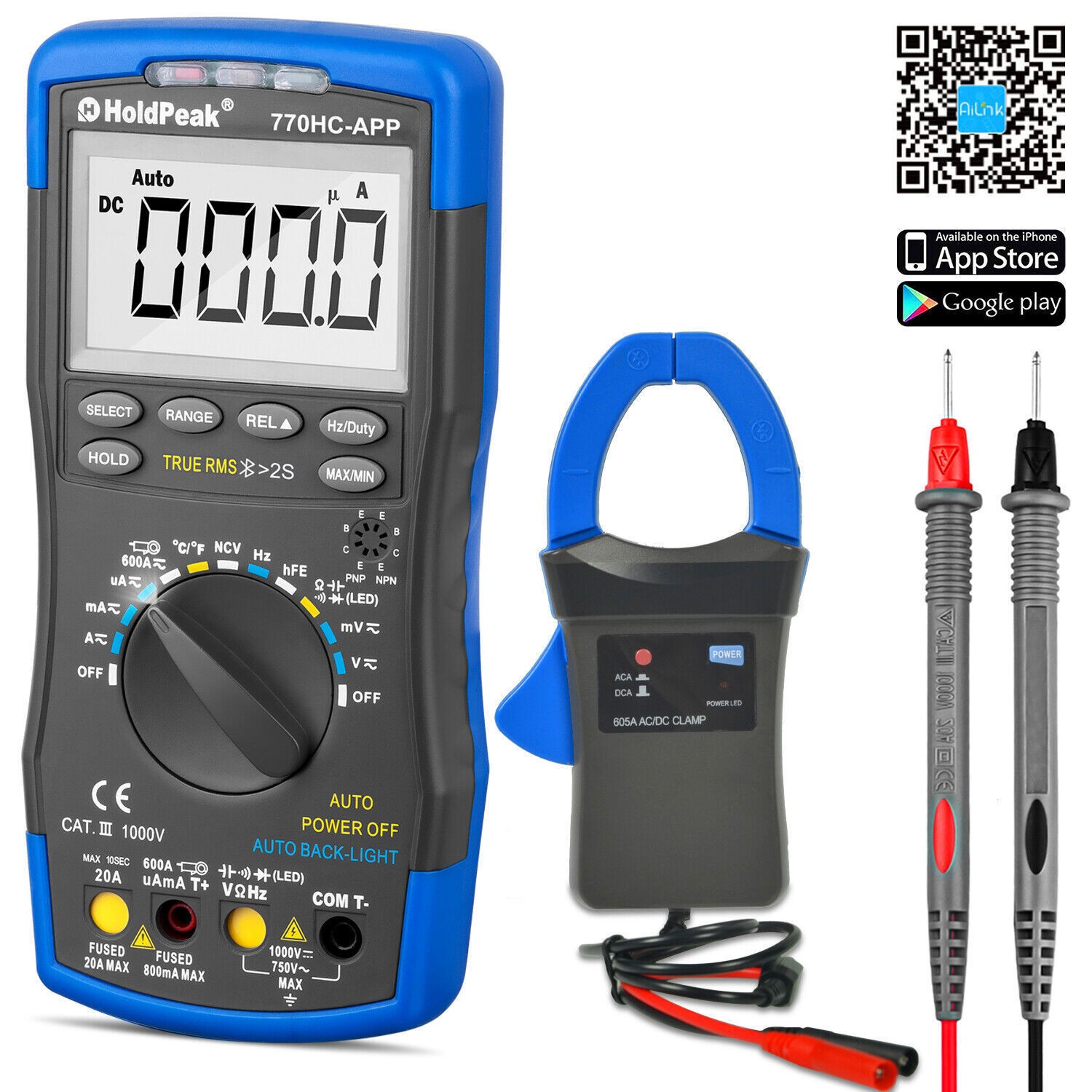 HoldPeak HP-770HC-APP Multimeter 600A True RMS Bluetooth w/ HP-605A Clamp Adapte