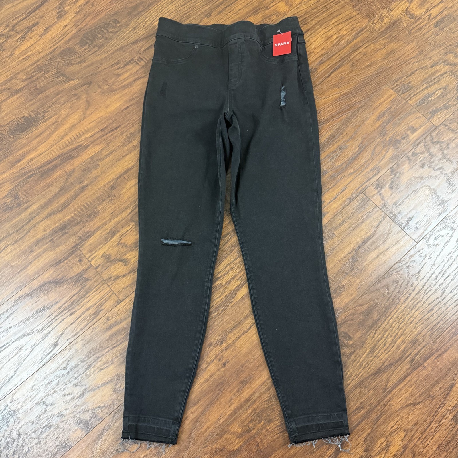 Spanx Jeans Women L Black Skinny Ankle Mid Stretch Distressed Denim 20213R 28x28