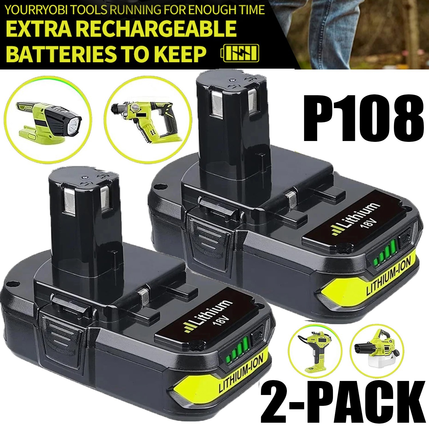 2PACK For RYOBI 18V 4.0Ah P108 High Capacity Battery 18Volt Lithium-Ion One Plus