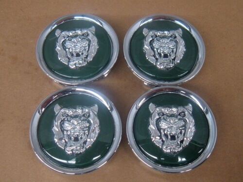 NEW JAGUAR WHEEL EMBLEM BADGE SET OF 4pcs SILVER HEAD GREEN BACKGROUND MNA6249AB