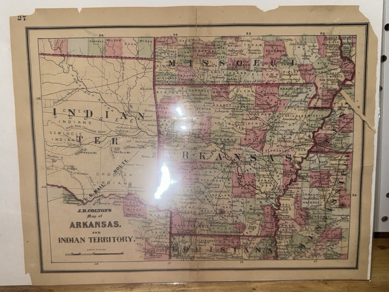 RARE J.H. Colton\'s Map of Arkansas and Indian Territory 1860 Native American