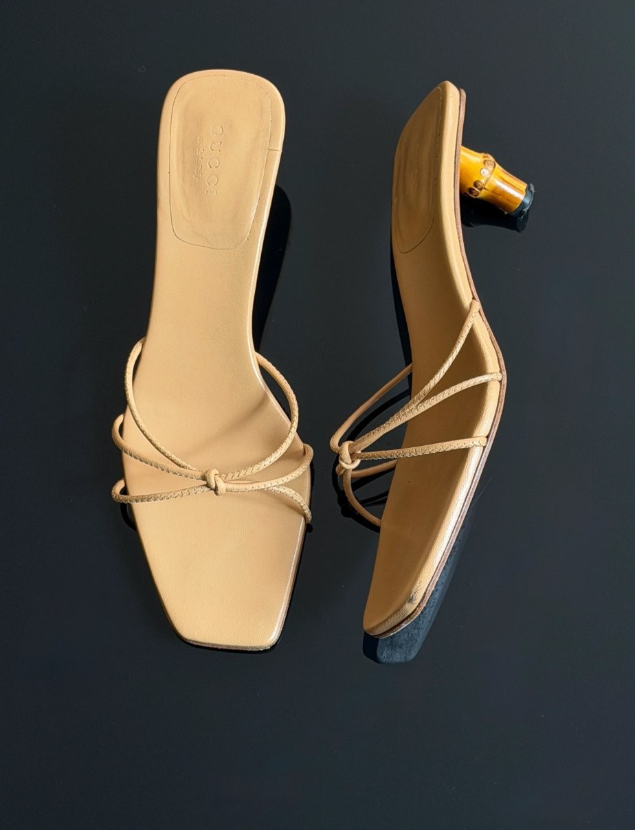 Gucci by Tom Ford Beige Bamboo Heel Strappy Kitten Mule Sandal Y2K
