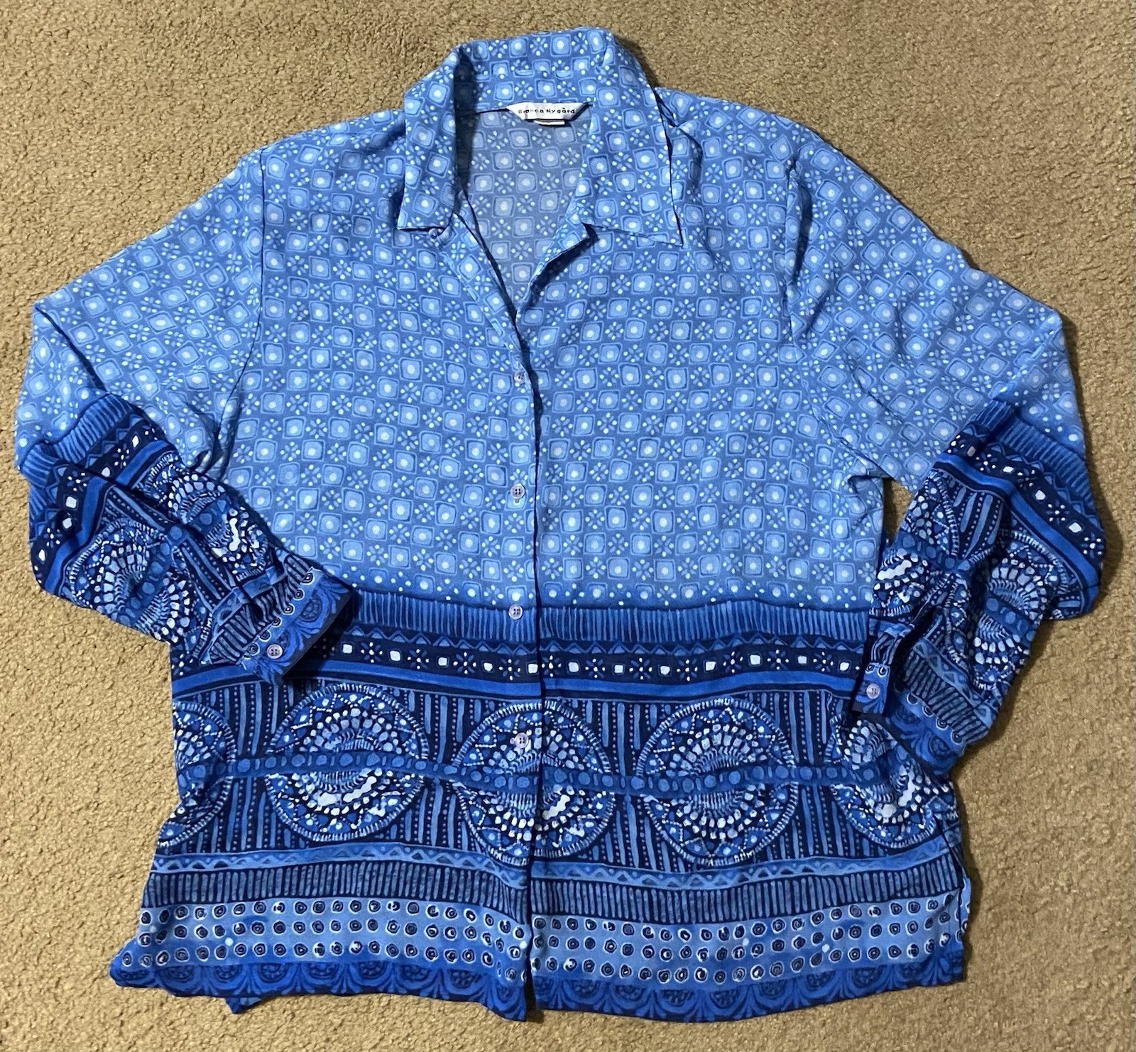 Blue Pattern Long Sleeve Button Front Shirt Ladies Large Vintage Bianca Nygard