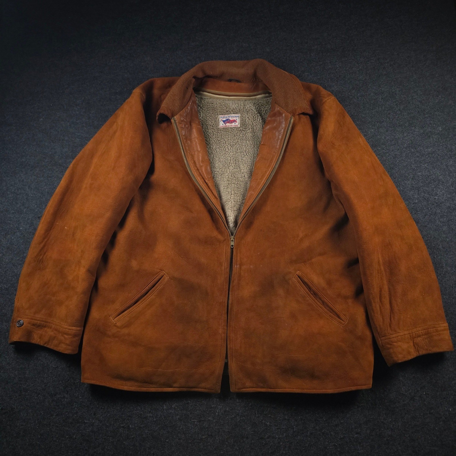 Vtg 50s Albert Richard Suede Sherpa Lined Full Zip Jacket Orange Brown Men\'s XL