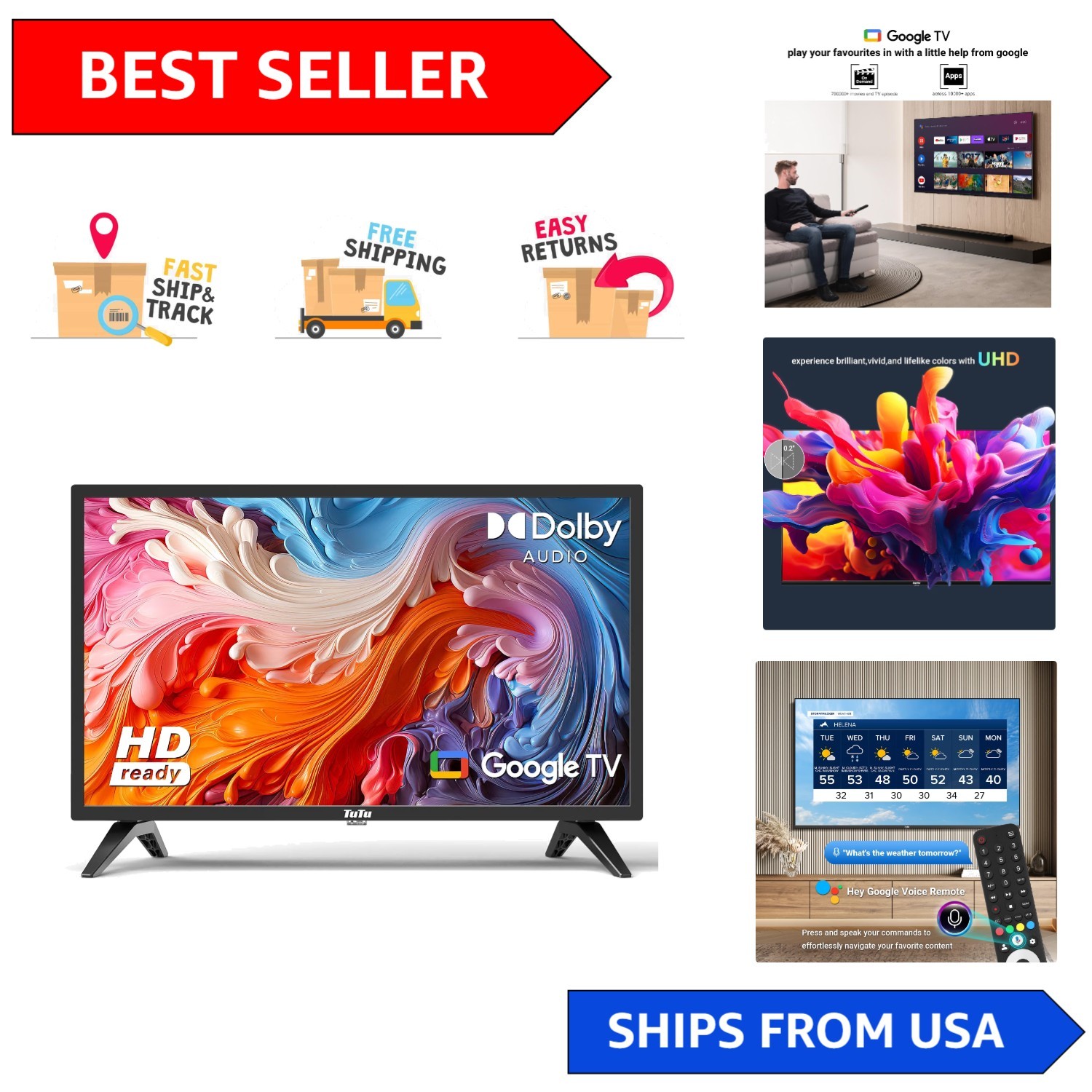 Elegant 24-Inch Google TV with Dolby Audio & 720P HD - Perfect for Small Spaces