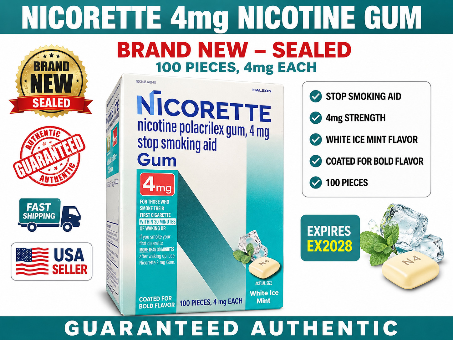 Nicorette 4mg Nicotine Stop Smoking Aid Gum, White Ice Mint 100 Count EX2028