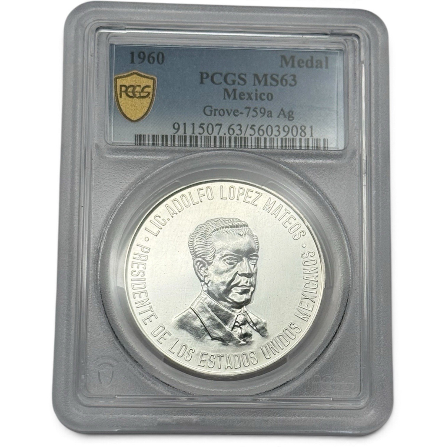 1960-Mexico Silver Medal-Grove 759a-Adolfo Mateos Lopez Boxing-PCGS MS63-Top Pop