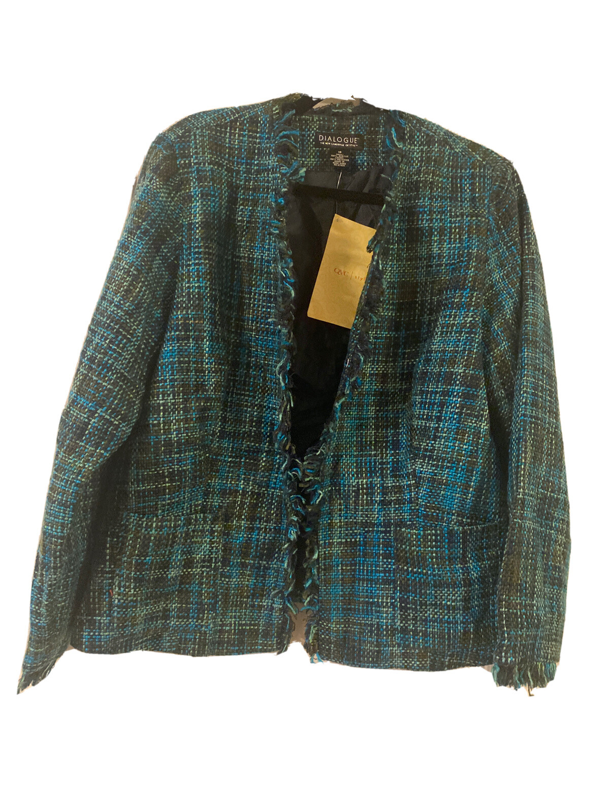 NWT-DIALOGUE QVC Plaid Jacket Blazer Fringed Front & Sleeve Multicolored Sz 16 NWT-DIALOGUE QVC Plaid Jacket Blazer Fringed Front & Sleeve Multicolored Sz 16