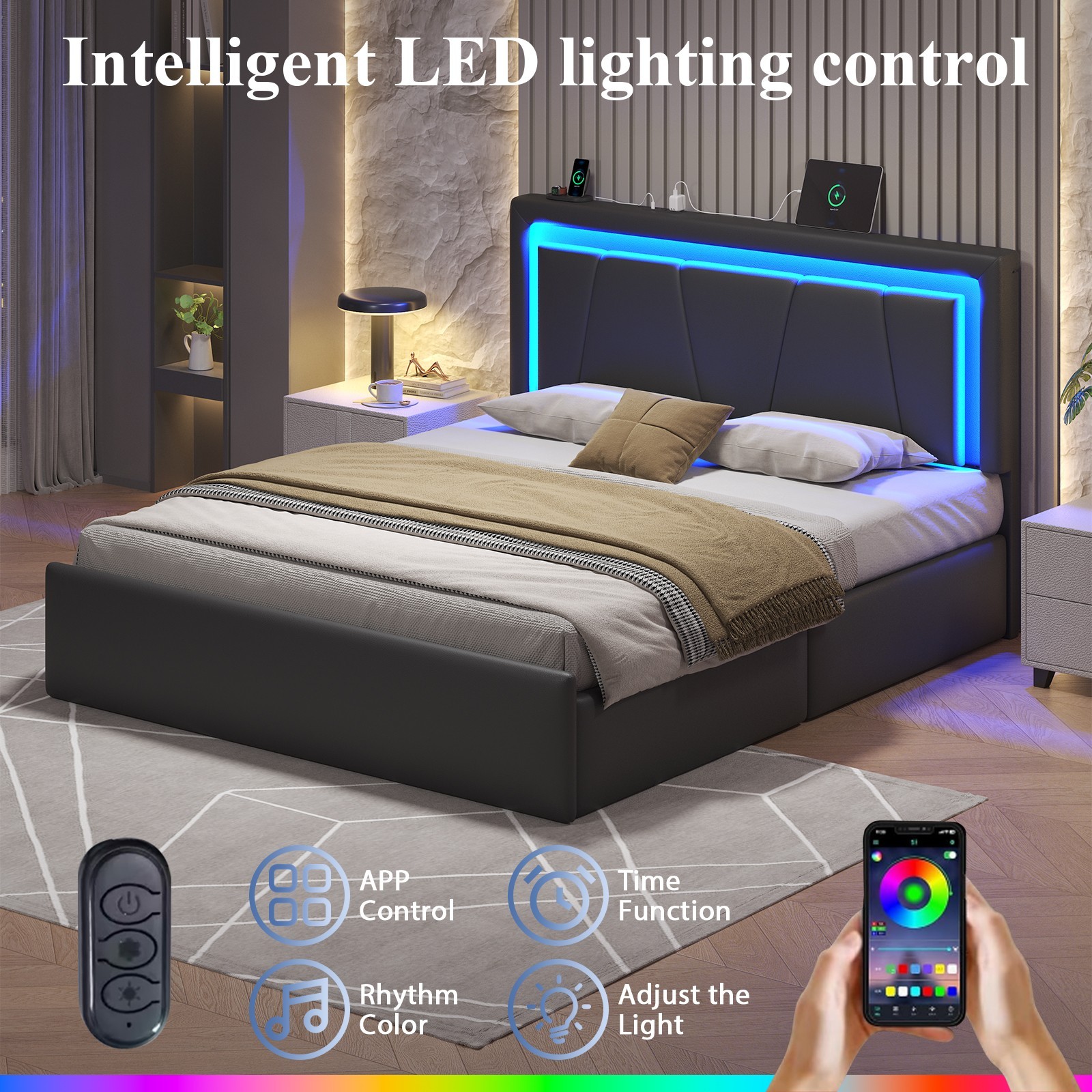 Queen size hydraulic lift bed, LED lights, charging station, PU upholstered bed
