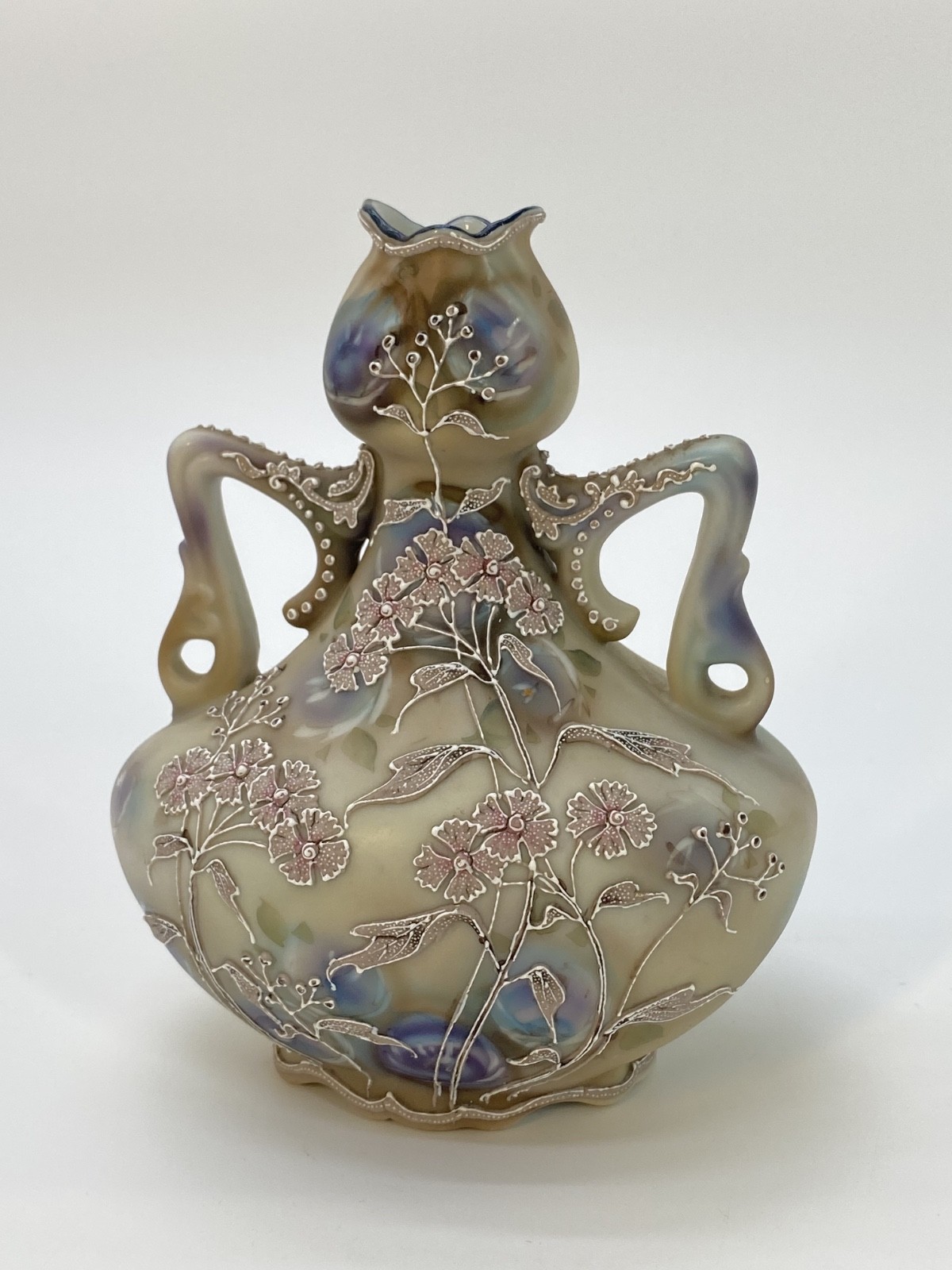 Antique Hand Painted Porcelain Nippon Moriage Double Handle Vase 7.25\