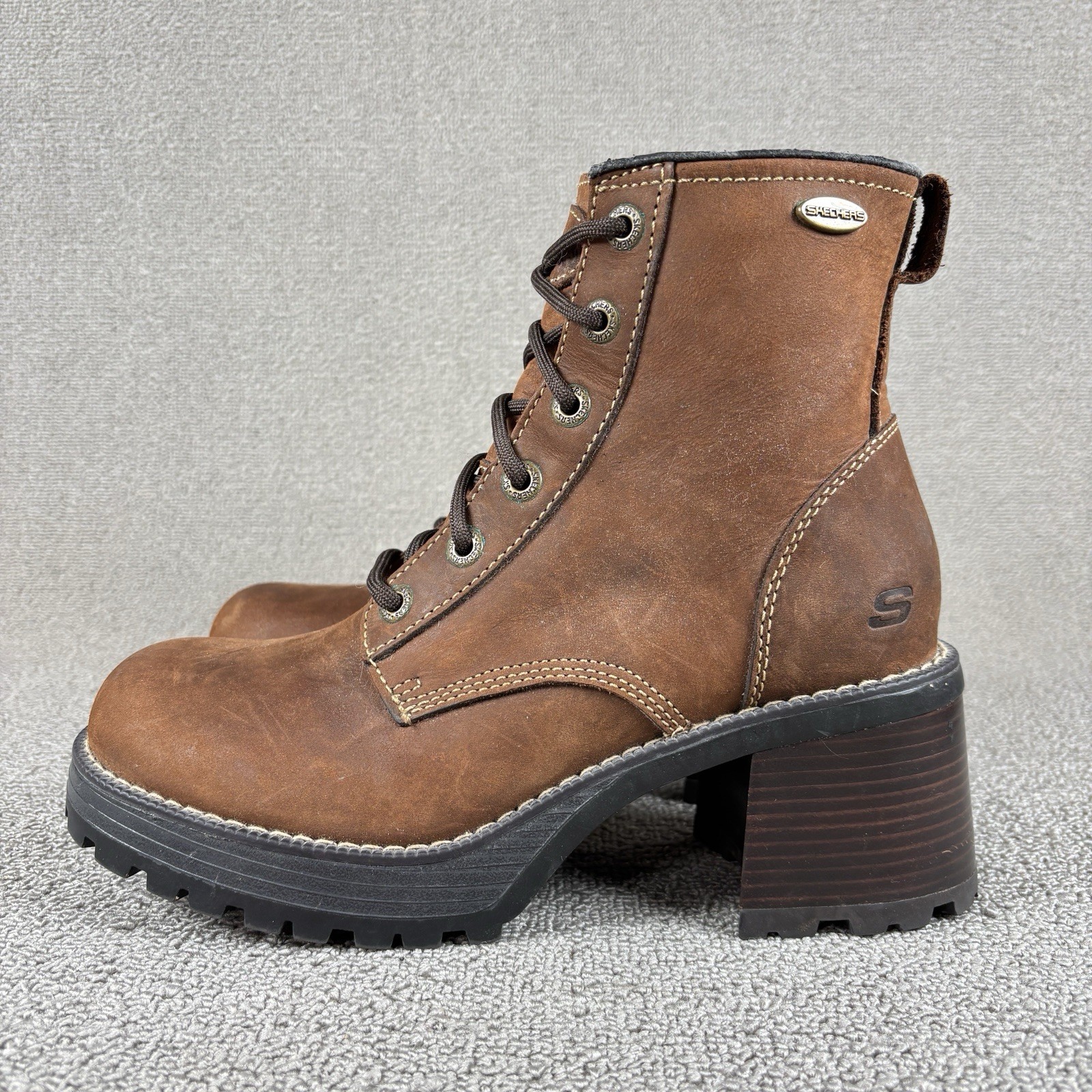 Vintage Skechers Boots Womens Sz 9 Brown Leather Chunky Heel Platform 90\'s Y2K