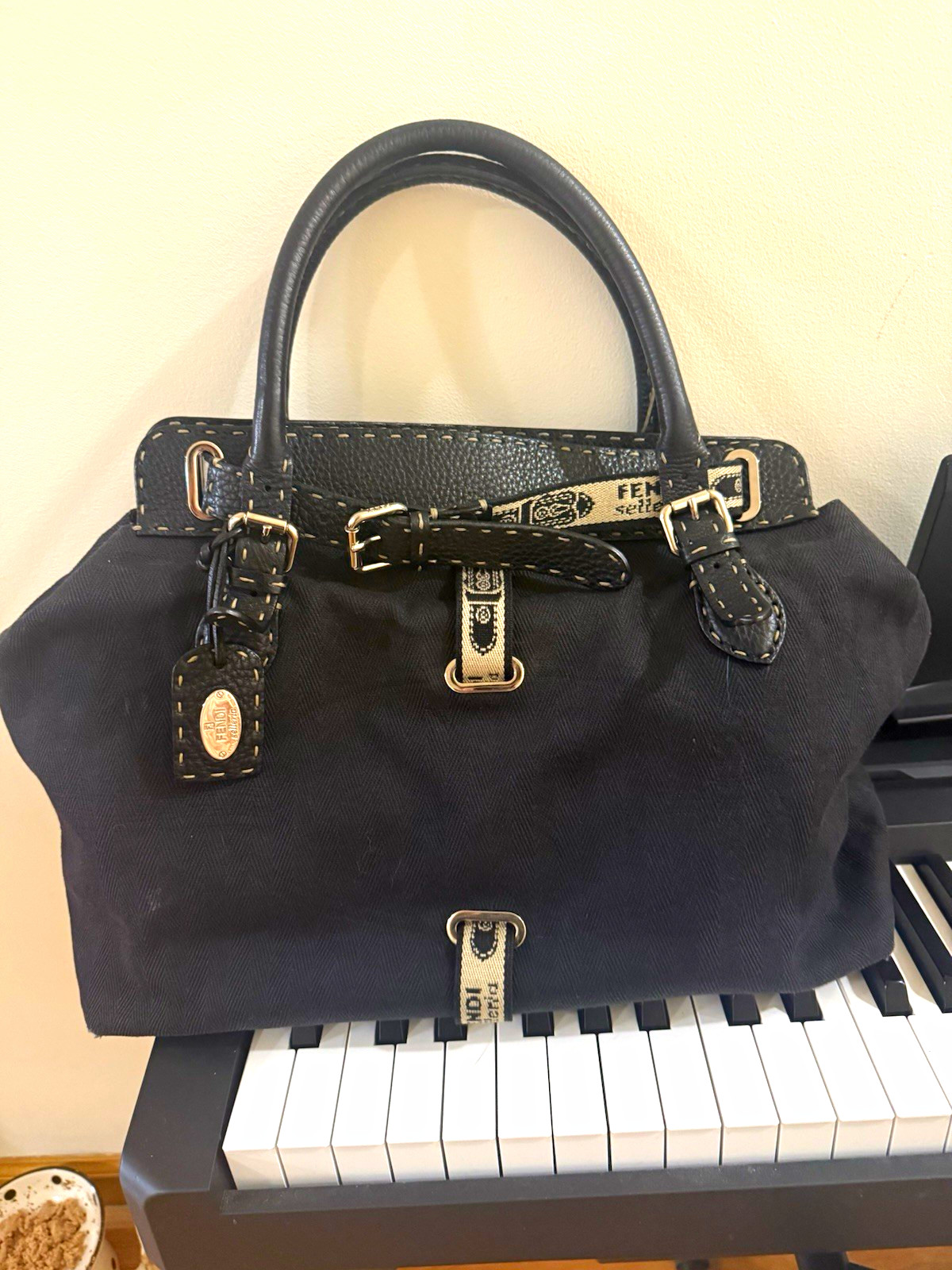 Fendi Black Satchel Top Handle Bag Buckle Closure Silver Hardware Bag Charm
