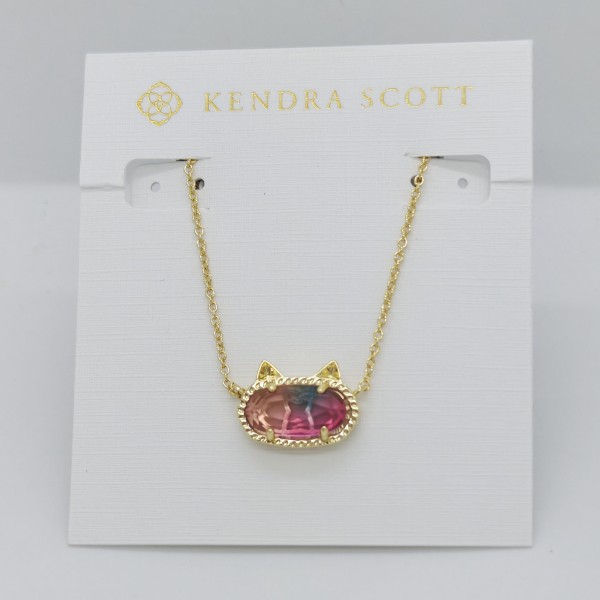 New Kendra Scott Elisa Gold Plated Cat Kitty Pendant Necklace in Watercolor