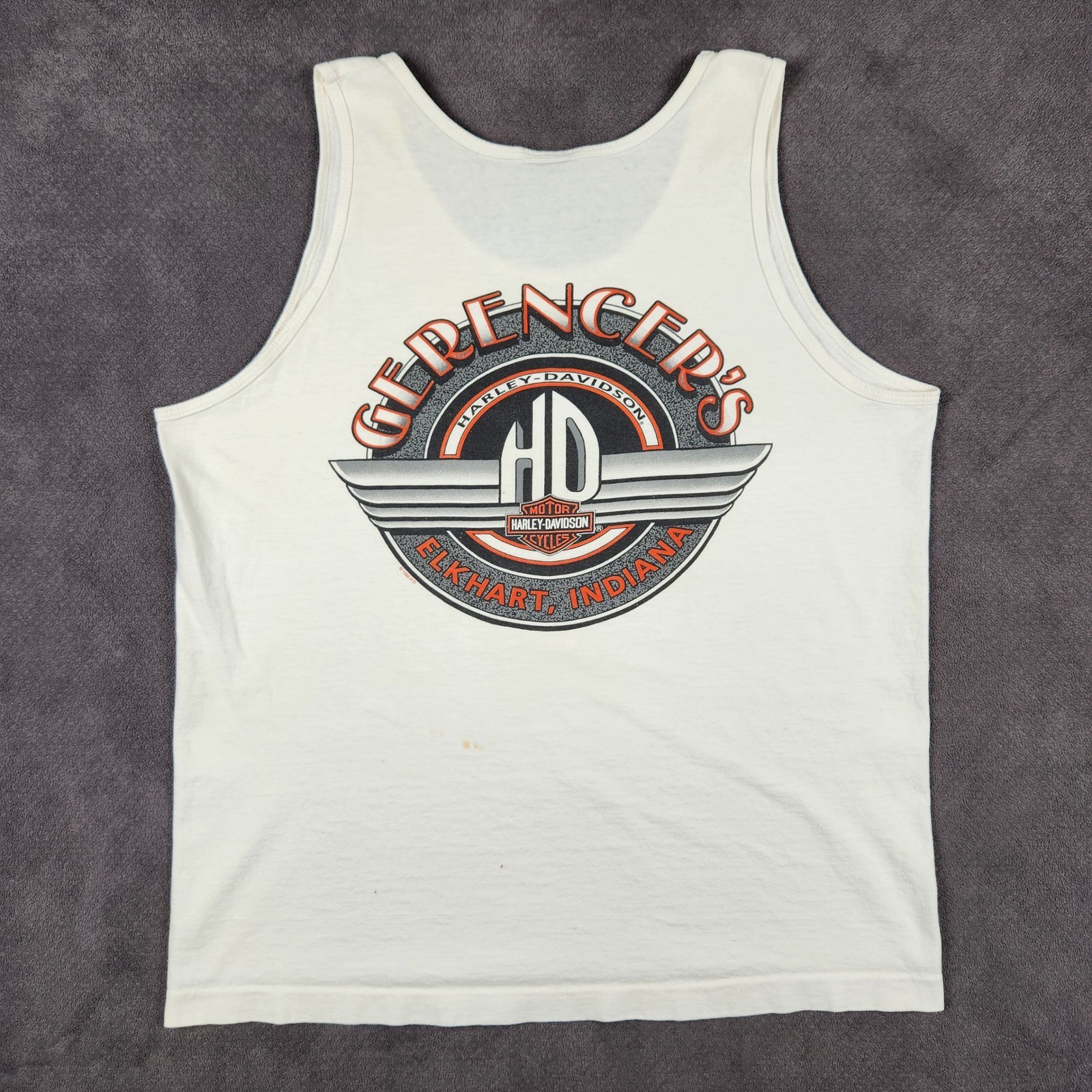 Vintage Harley Davidson Tank Shirt Mens Large White 90s Gerencers Elkhart IN USA
