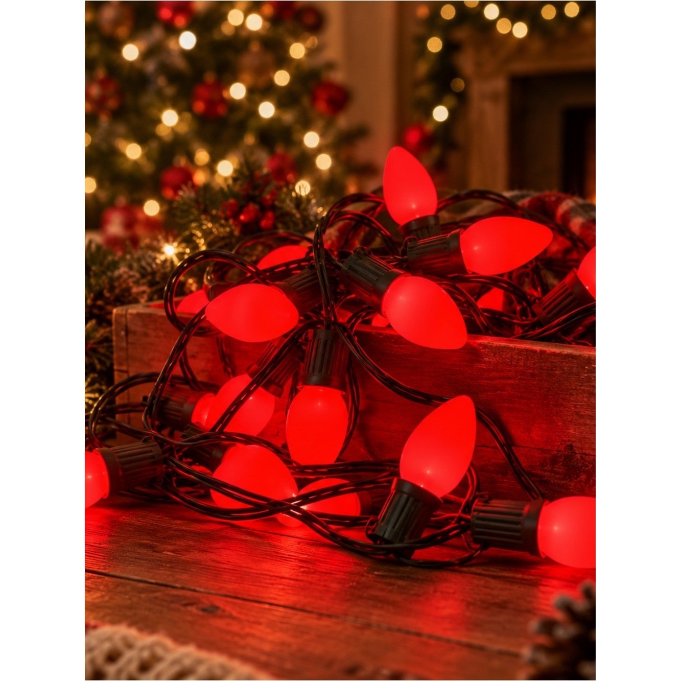 Vintage Red Bulb Holiday String Lights with Green Cord