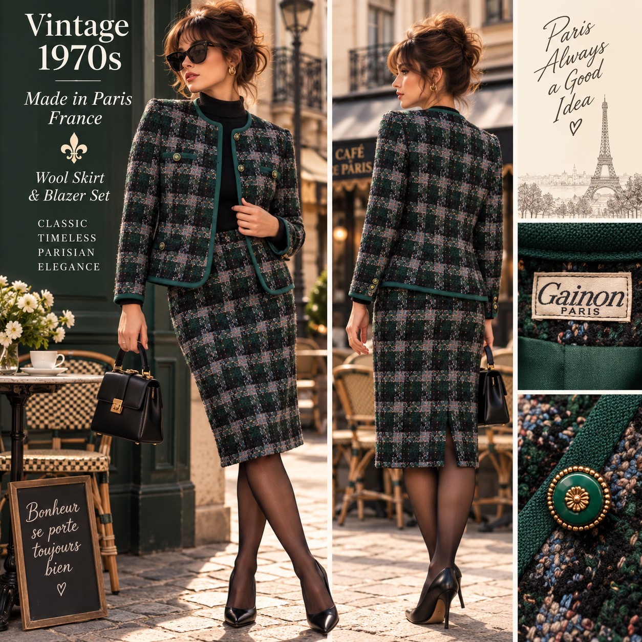 1970s French Wool Skirt Suit – Gainon Paris Green Plaid Blazer & Skirt Set 1970s French Wool Skirt Suit – Gainon Paris Green Plaid Blazer & Skirt Set