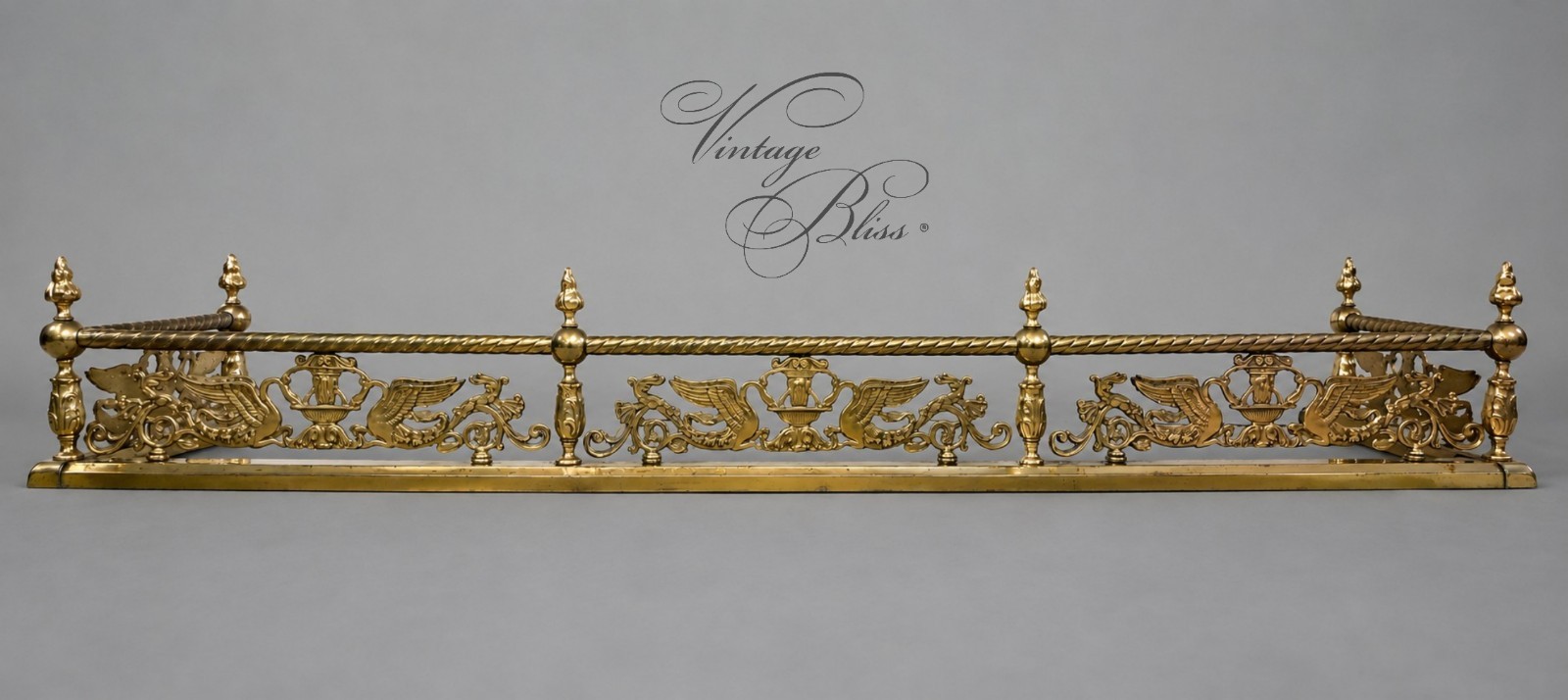 Vintage French Empire Style Solid Polished Cast Brass Swan Hearth Fire Fender