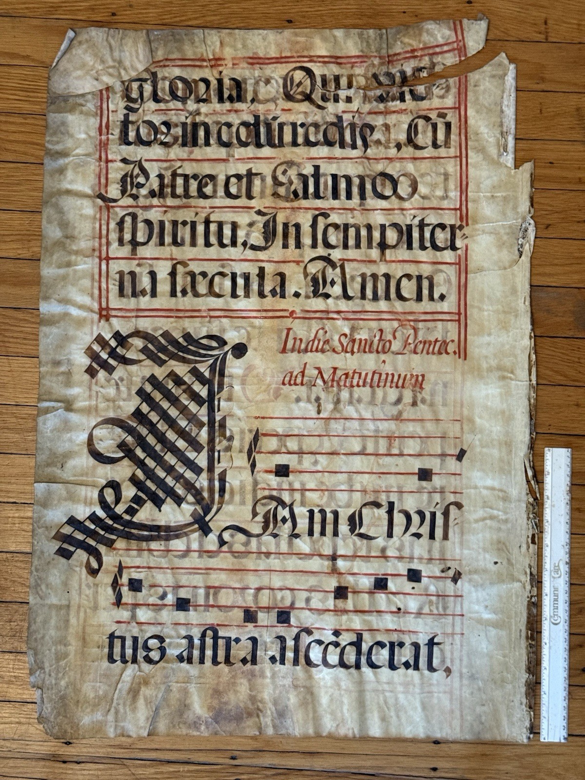 16thC Spanish Choirbook Vellum Leaf PENTECOST MATINS Hymn Text Gothic 29x21