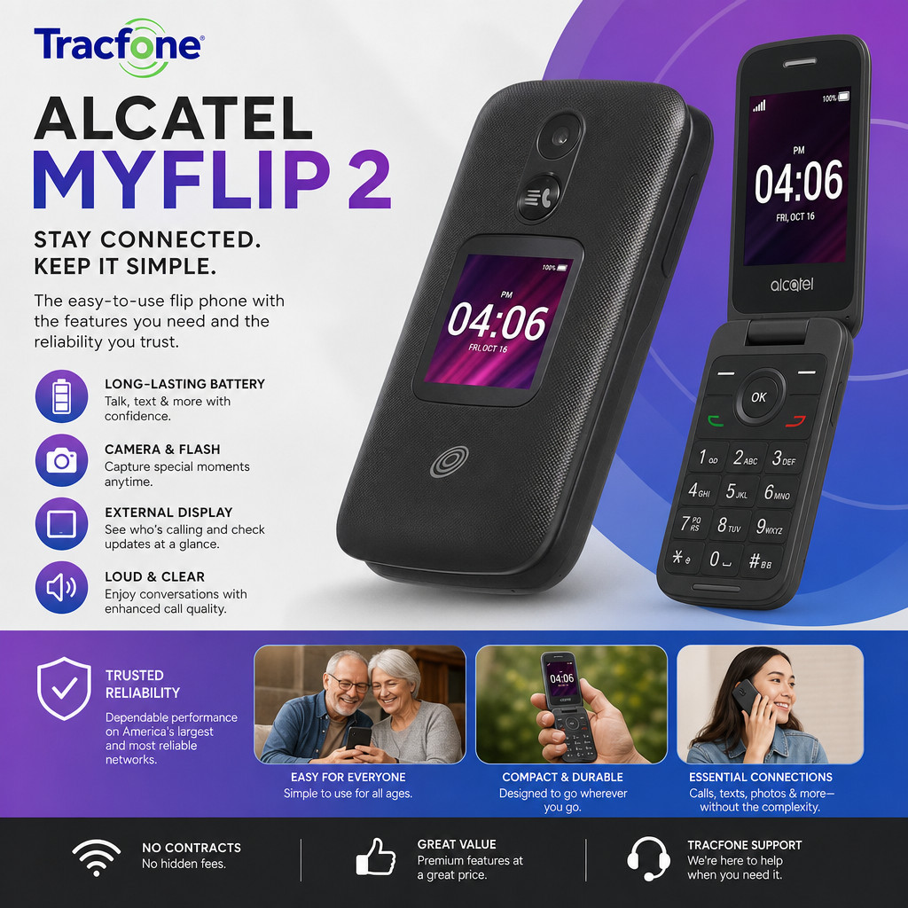 New Alcatel My Flip 2 4GB Black TracFone Locked camera 911 emergency button