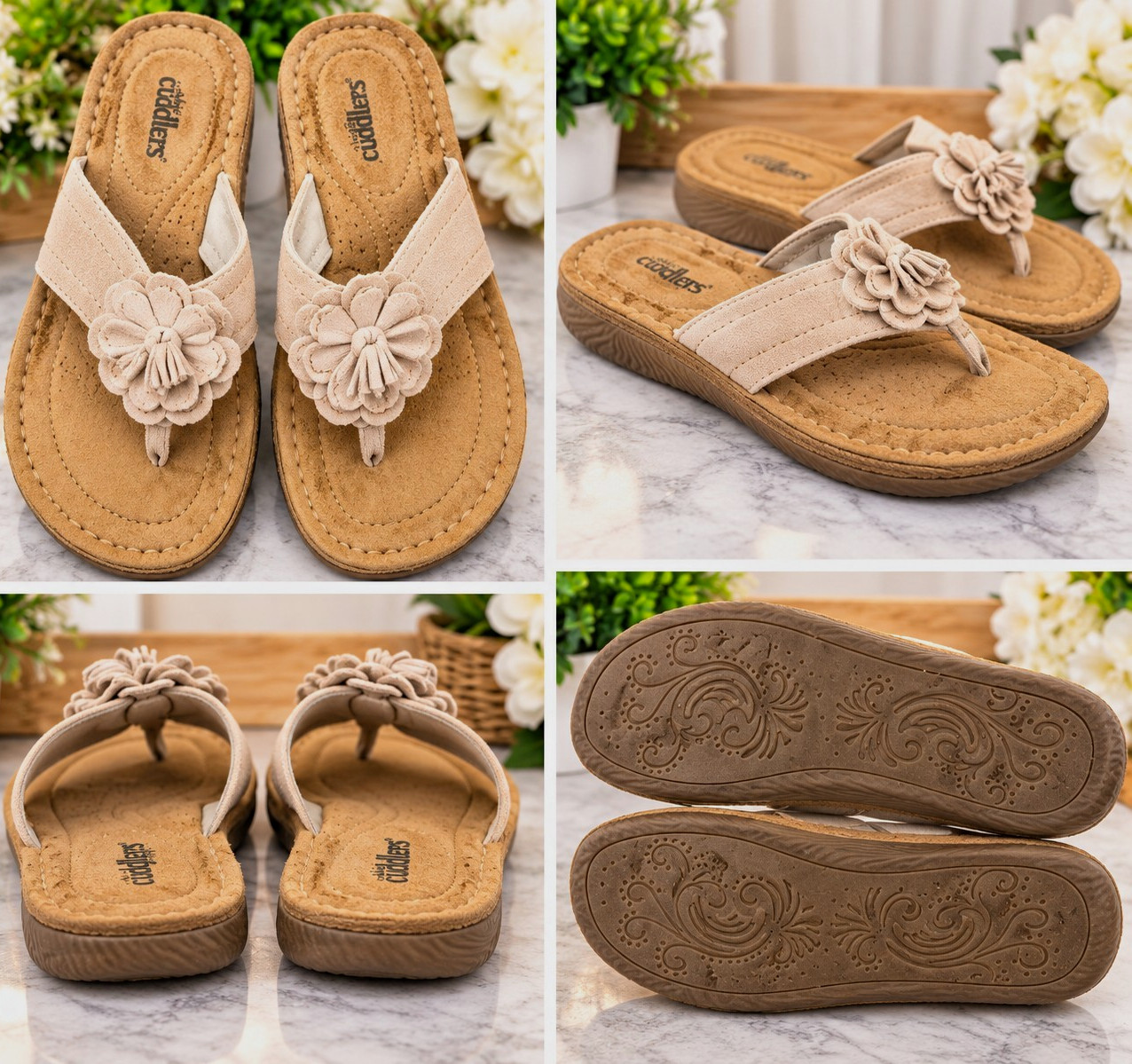 Cuddlers Women’s Beige Floral Thong Sandals Cushioned Comfort FlipFlops Size 8-9