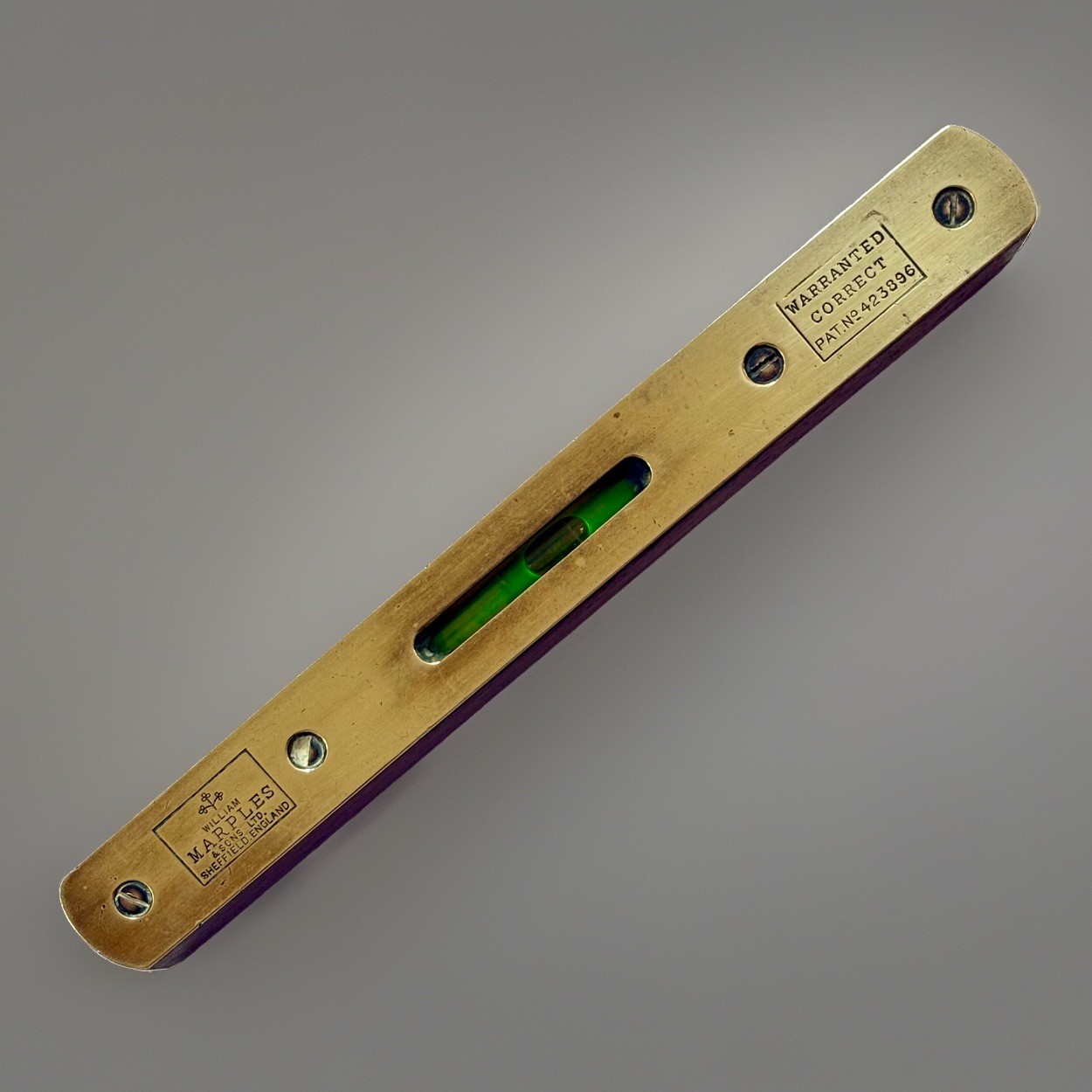 c.1930s - William Marples & Sons Sheffield Brass Wood Spirit Level Pat 423896