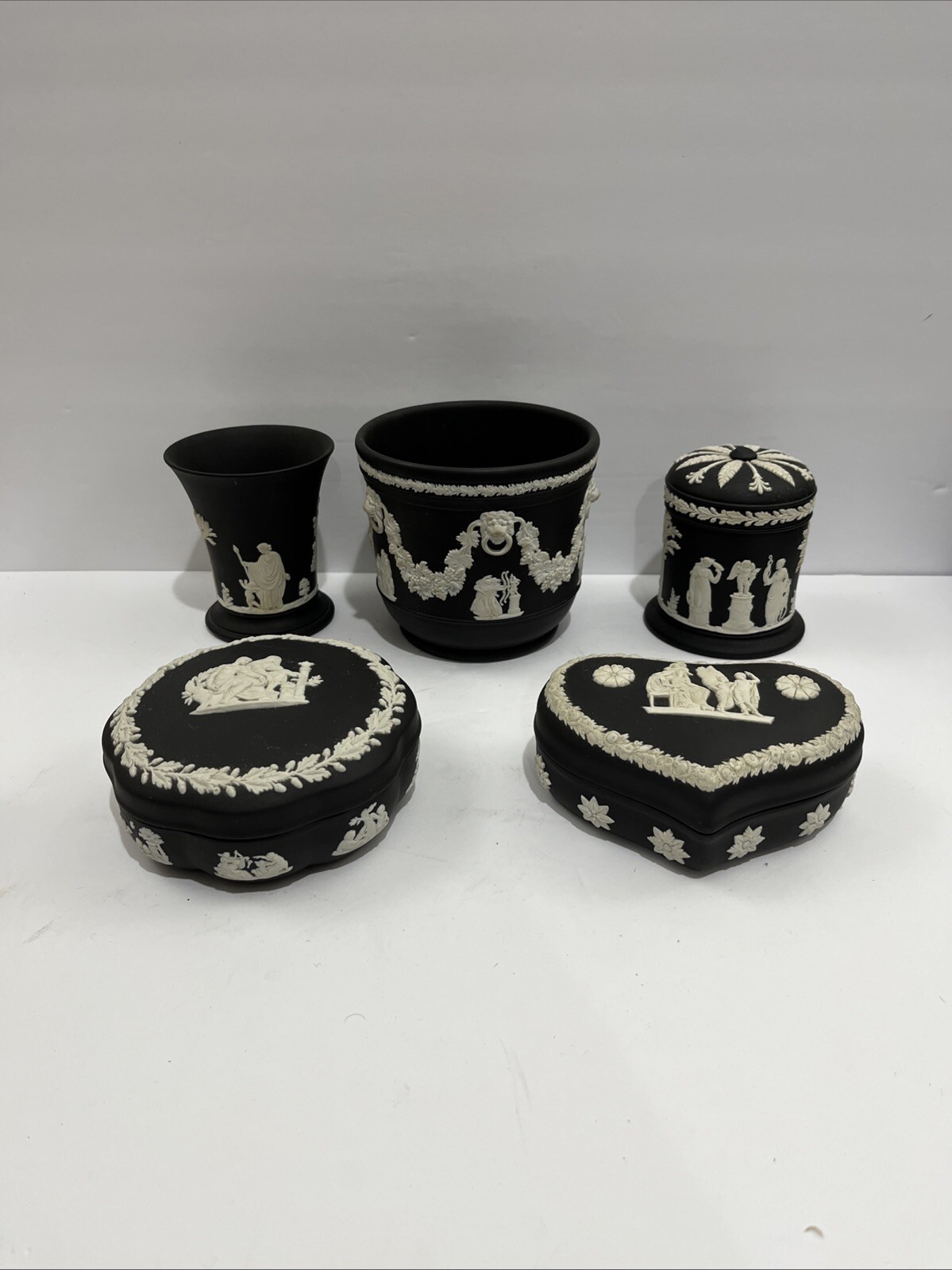 Wedgwood England Jasperware Black Dancing Hours jardiniere & 4 Different Pieces