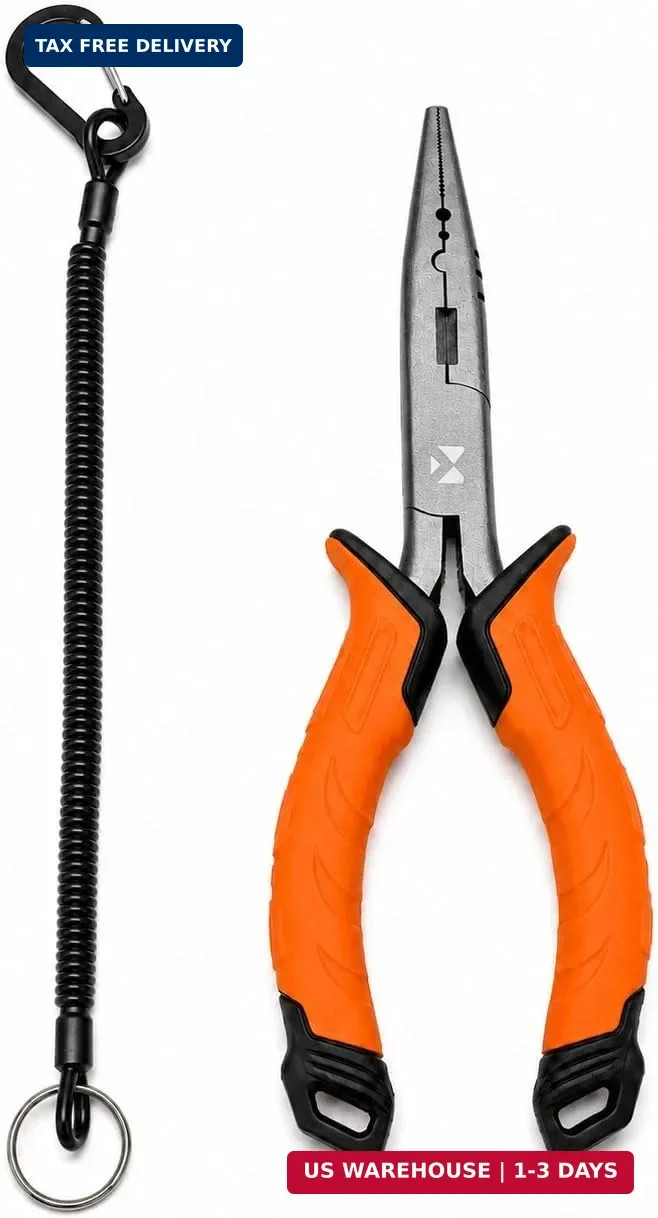 BasicGear Fishing Pliers, 7 in, Straight Nose, Carbon Steel, Orange