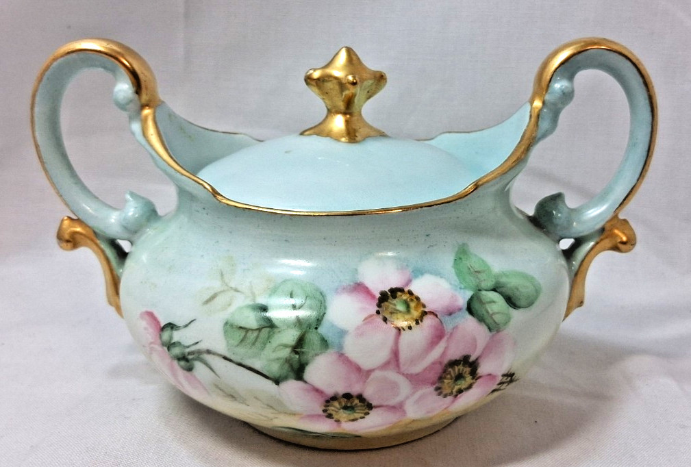 Antique T&V Limoges France Sugar Bowl Hand Painted Pink Wild Roses Gold 1892